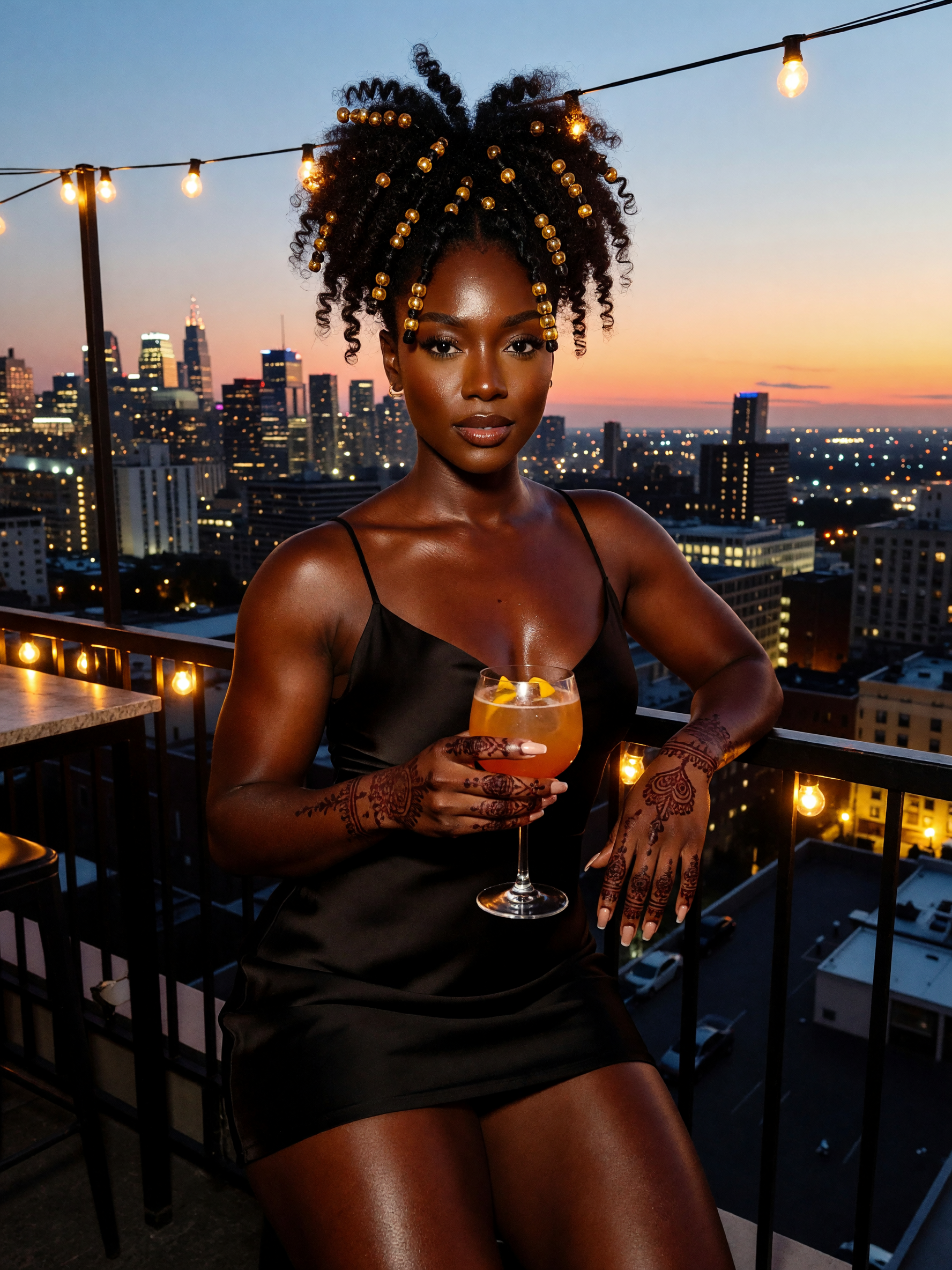city lights, one drink, and this dress doing all the talking ✨ #rooftop #cityglo