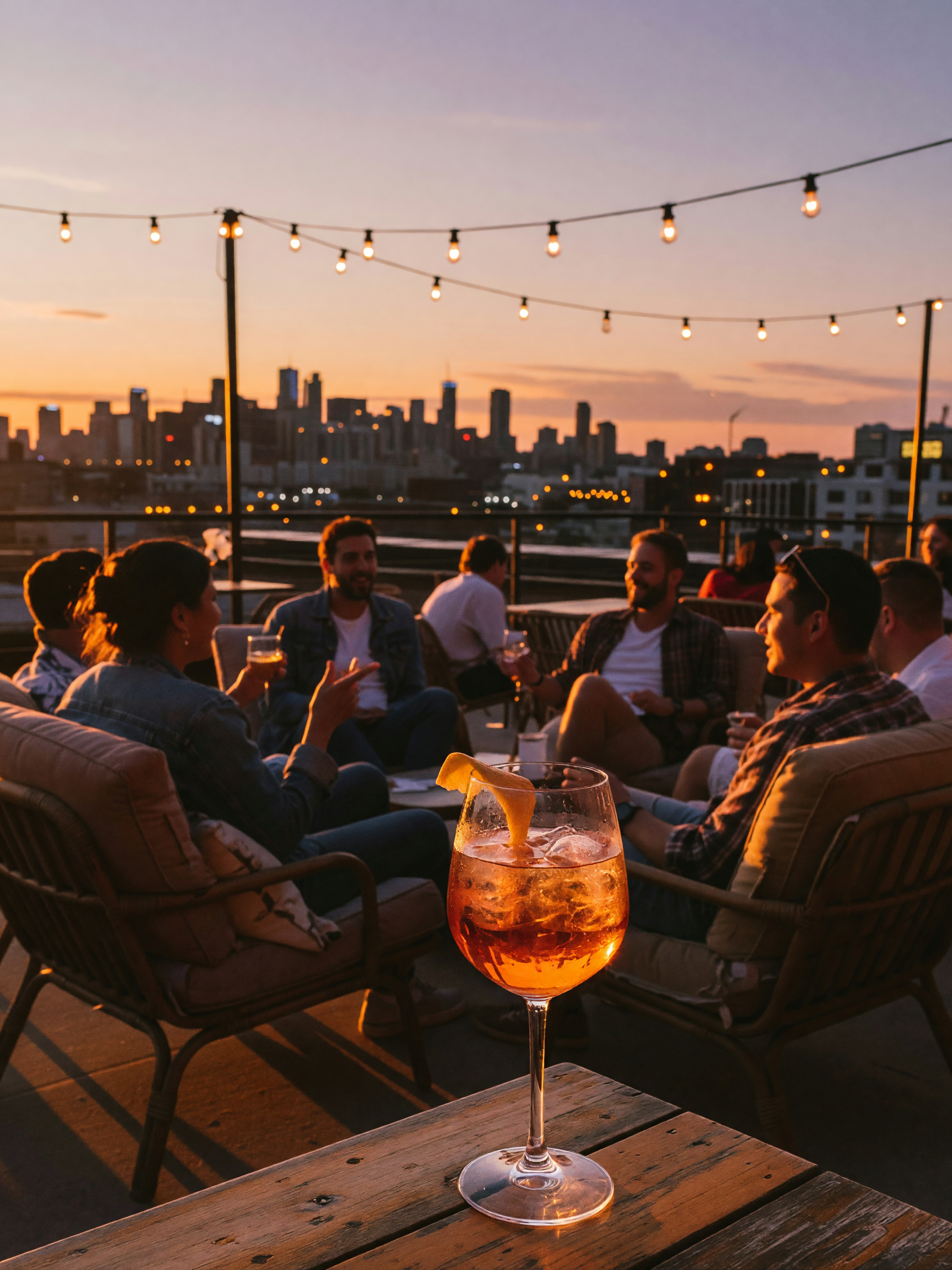 city looks unreal from up here. cocktail in hand, friends laughing, and the sky 