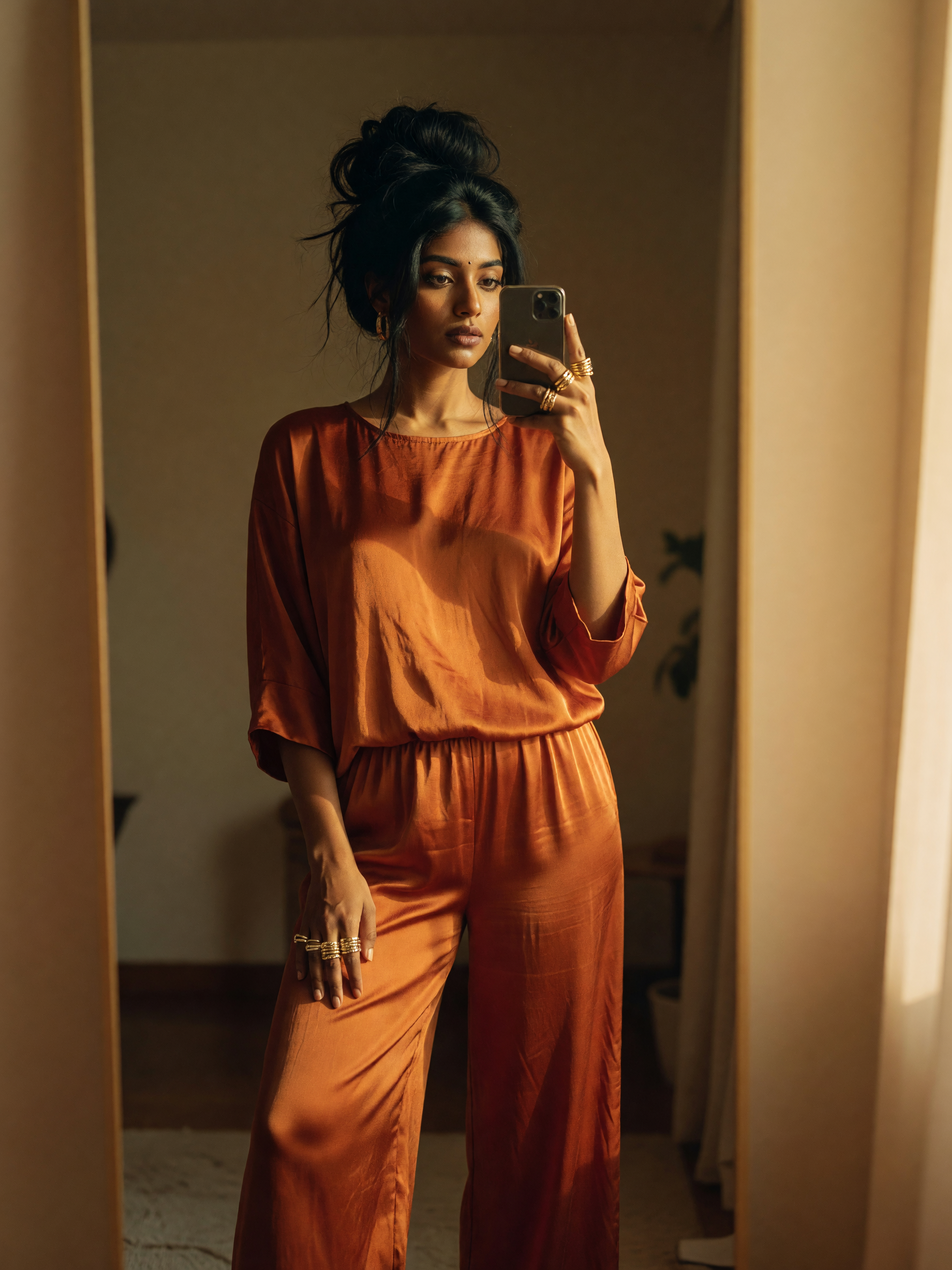 new silk set in burnt orange, feeling like royalty in my own room #ootd #silksea