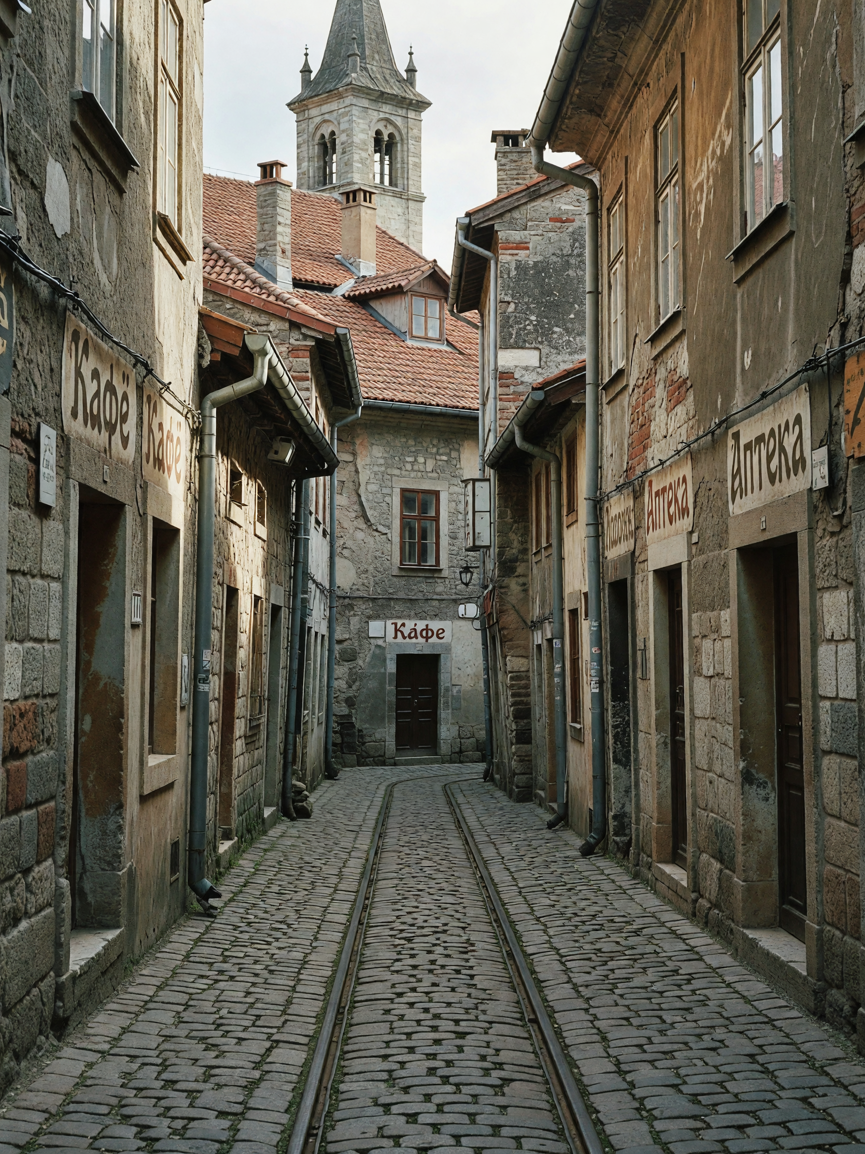 stone streets all winding and narrow, little tram rattling past, foreign signs o