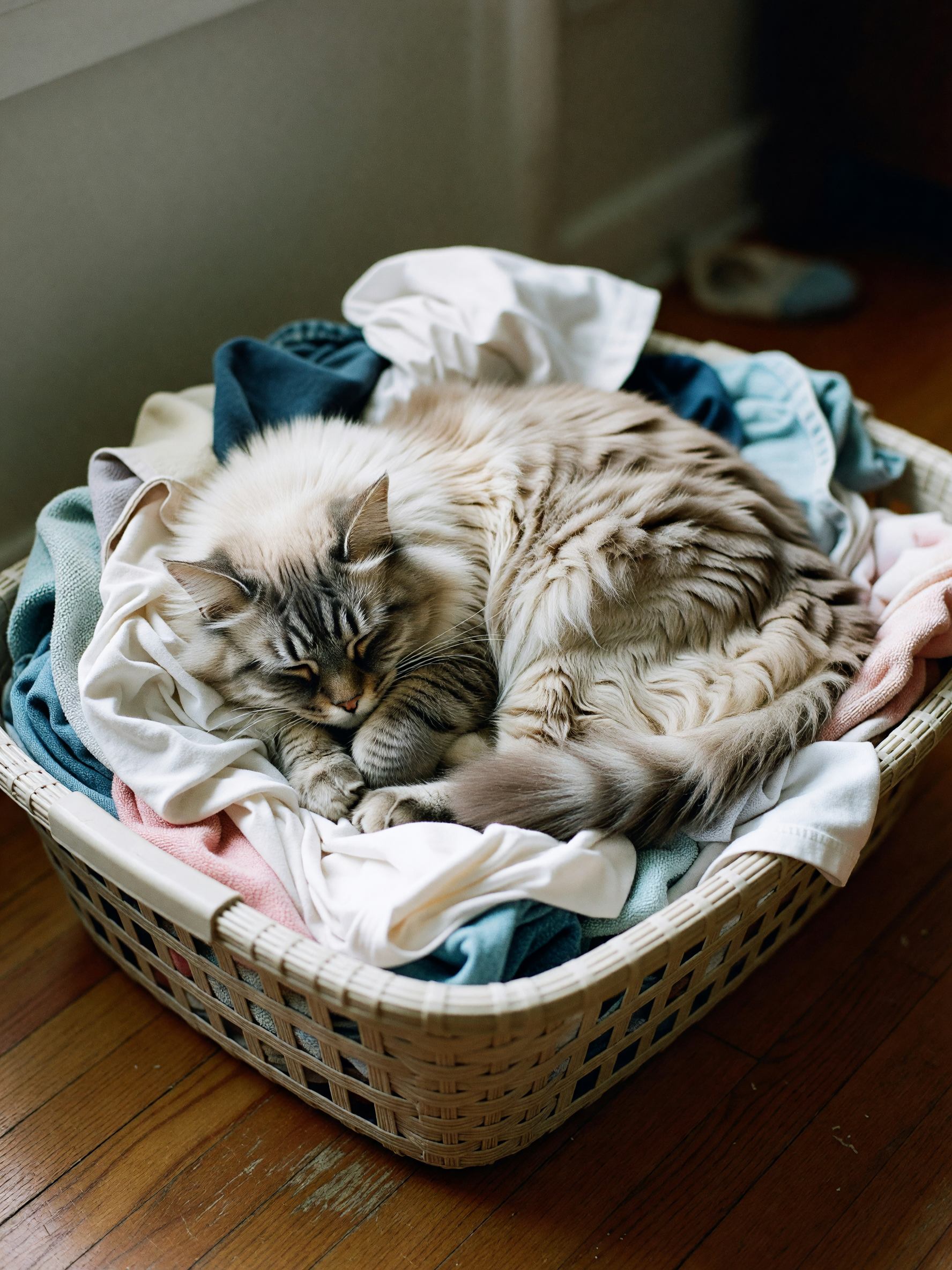 mochi decided the laundry basket was prime napping real estate. tail hanging ove