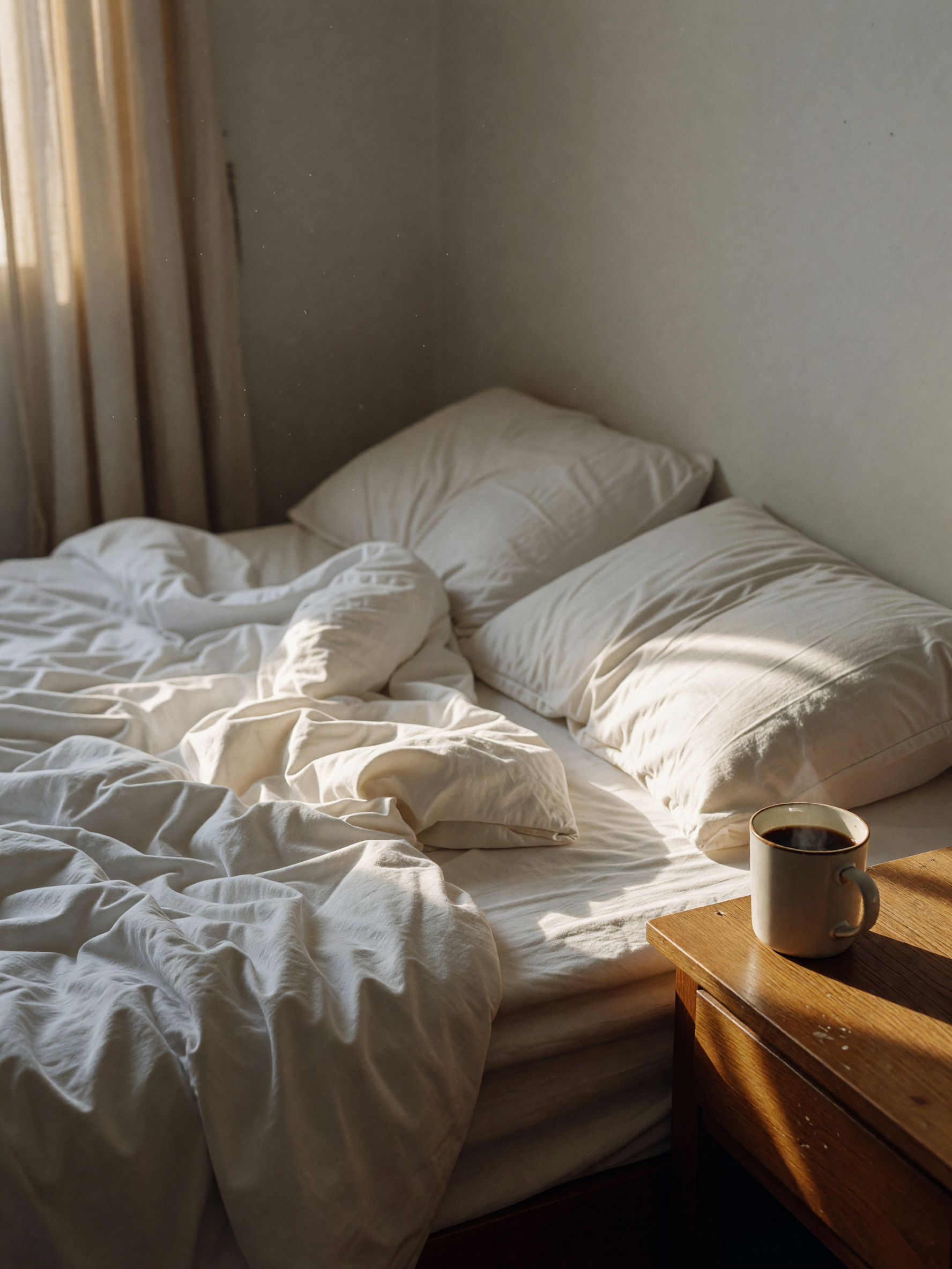 bed still a mess and I have zero plans to fix it. coffee on the nightstand is th