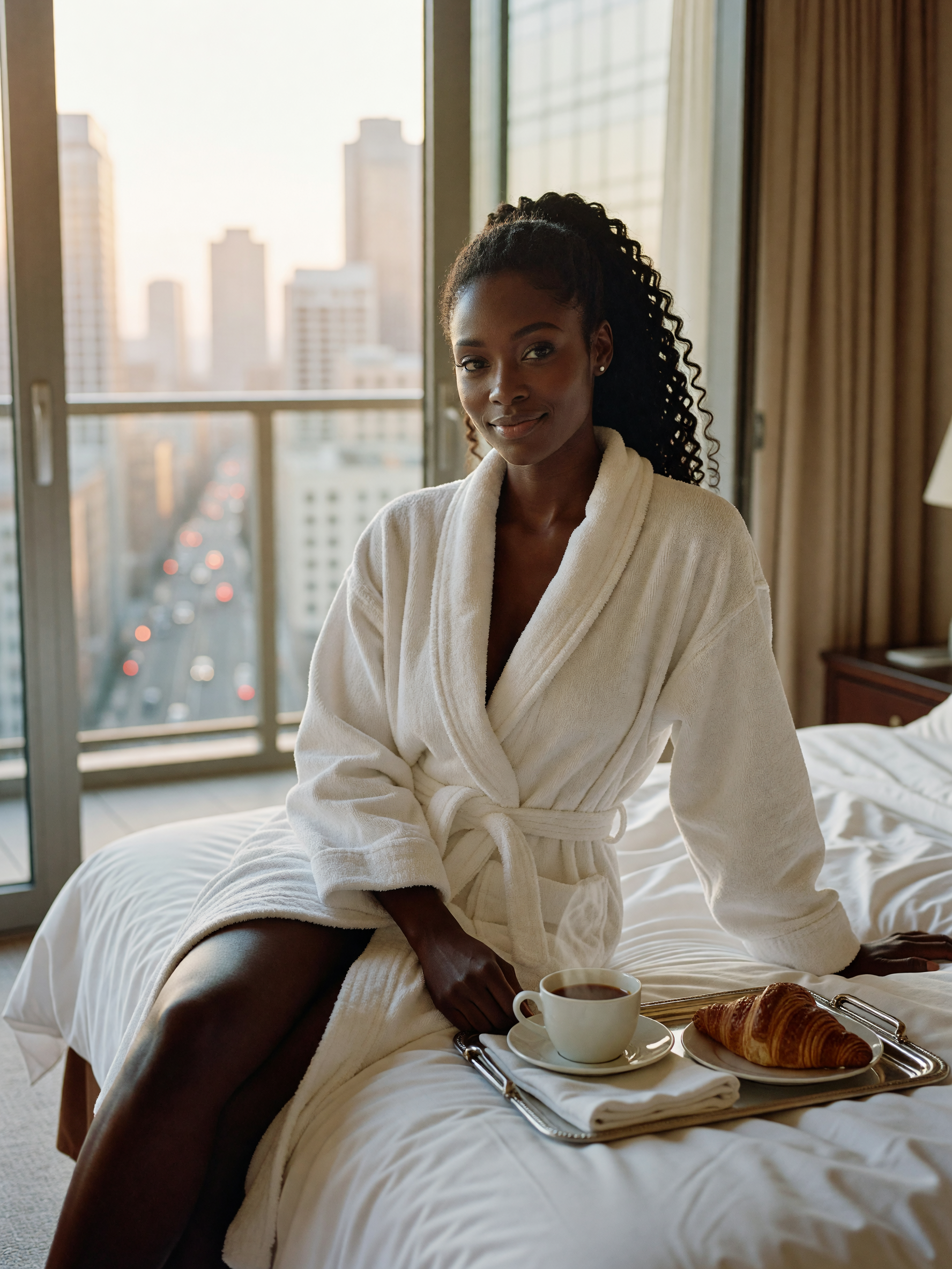 robe half-tied, room service tray in bed, city lights from the balcony, this is 