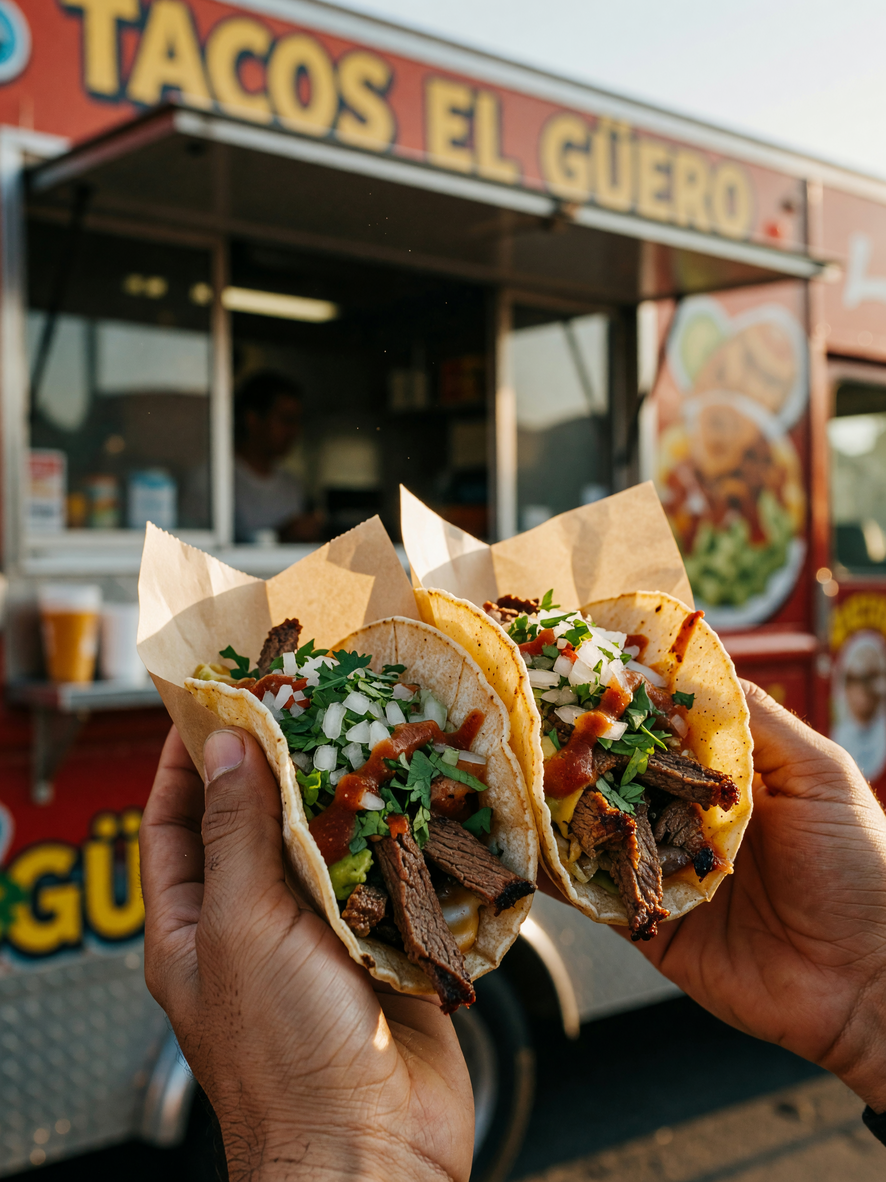 standing outside the taco truck with two carne asada tacos in my hands they put extra cilantro and i