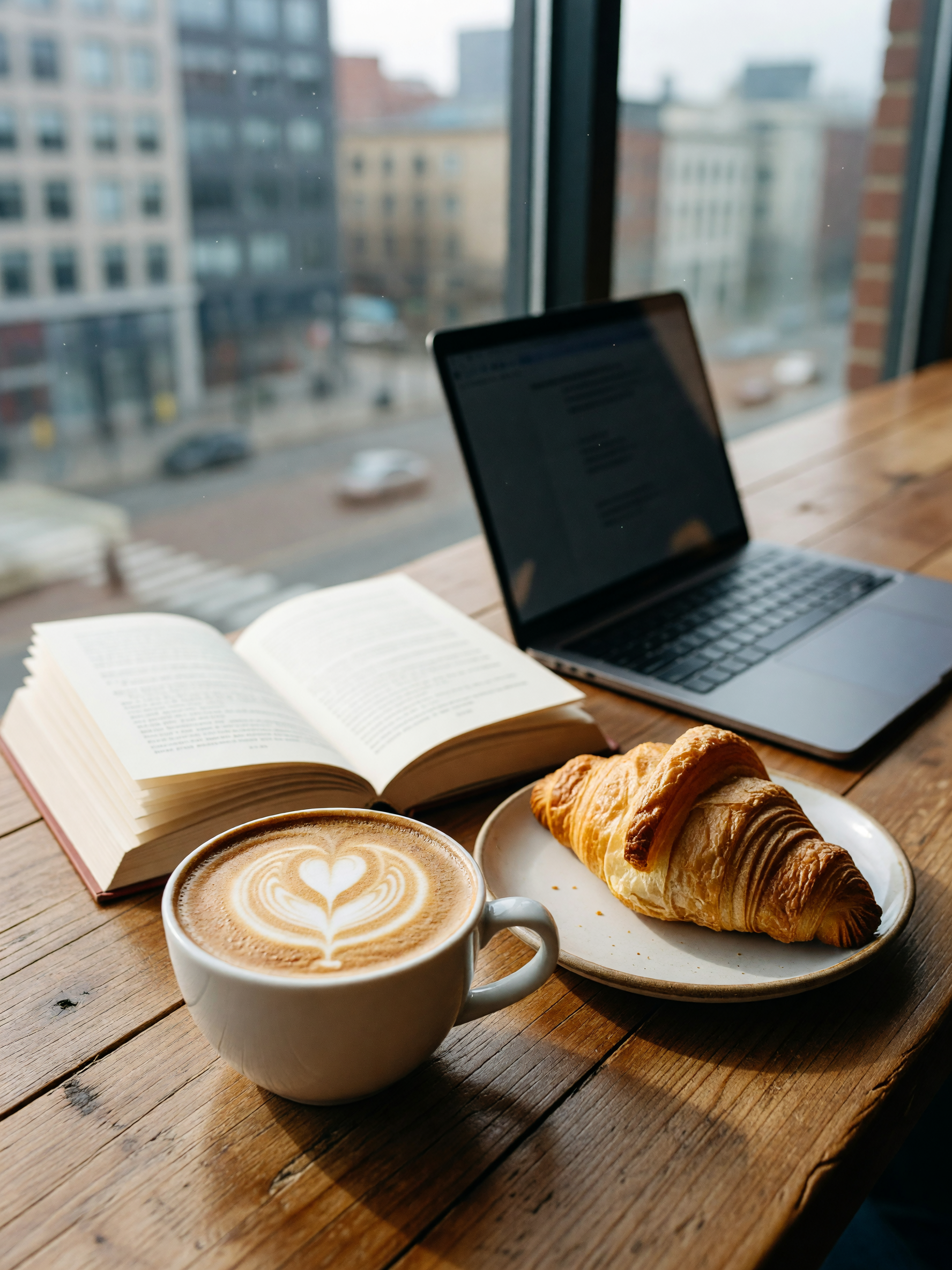 window seat, iced latte with a heart in the foam, and the best almond croissant.