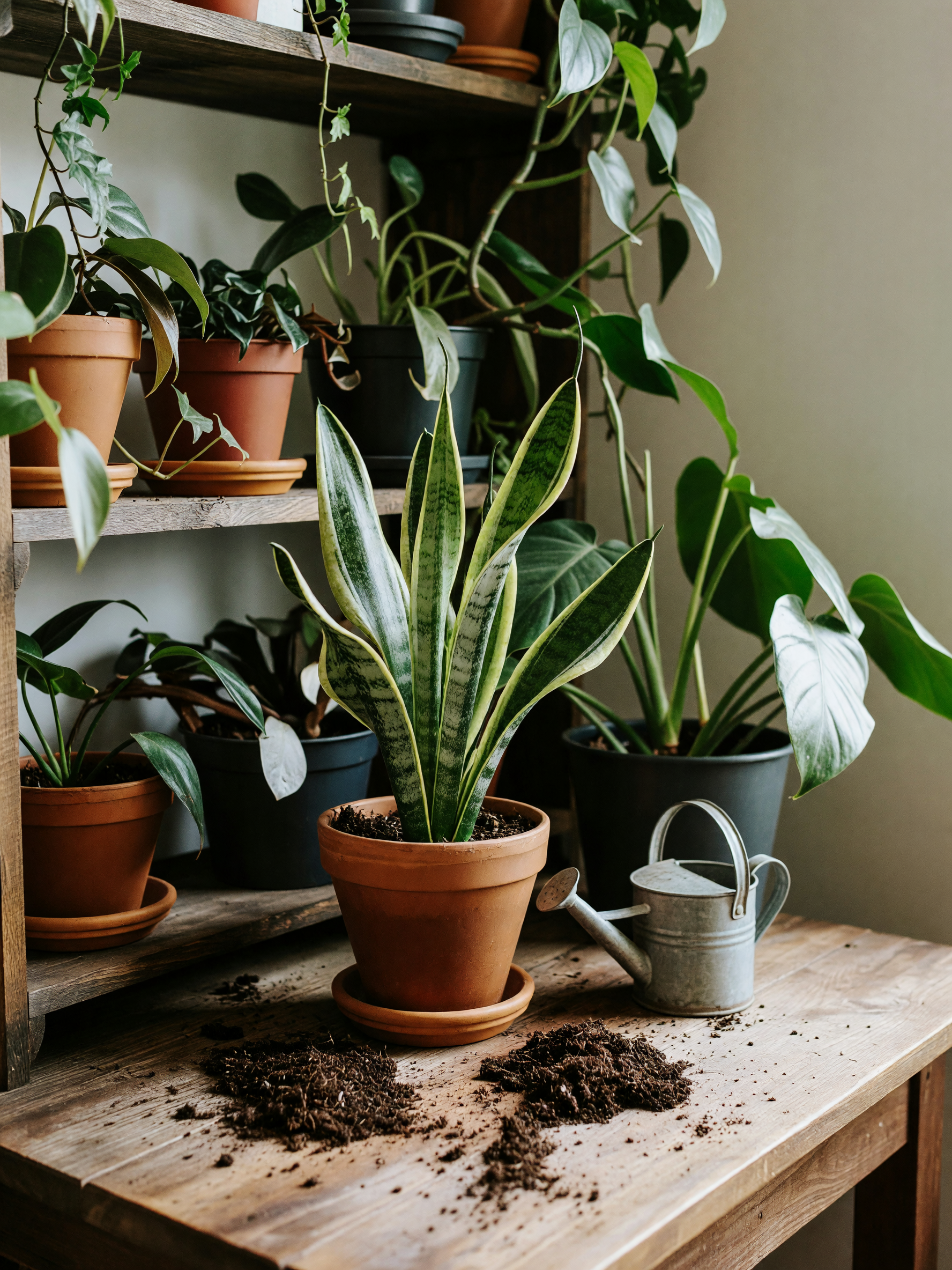 finally got that snake plant i've been eyeing. plant shelf is getting full again