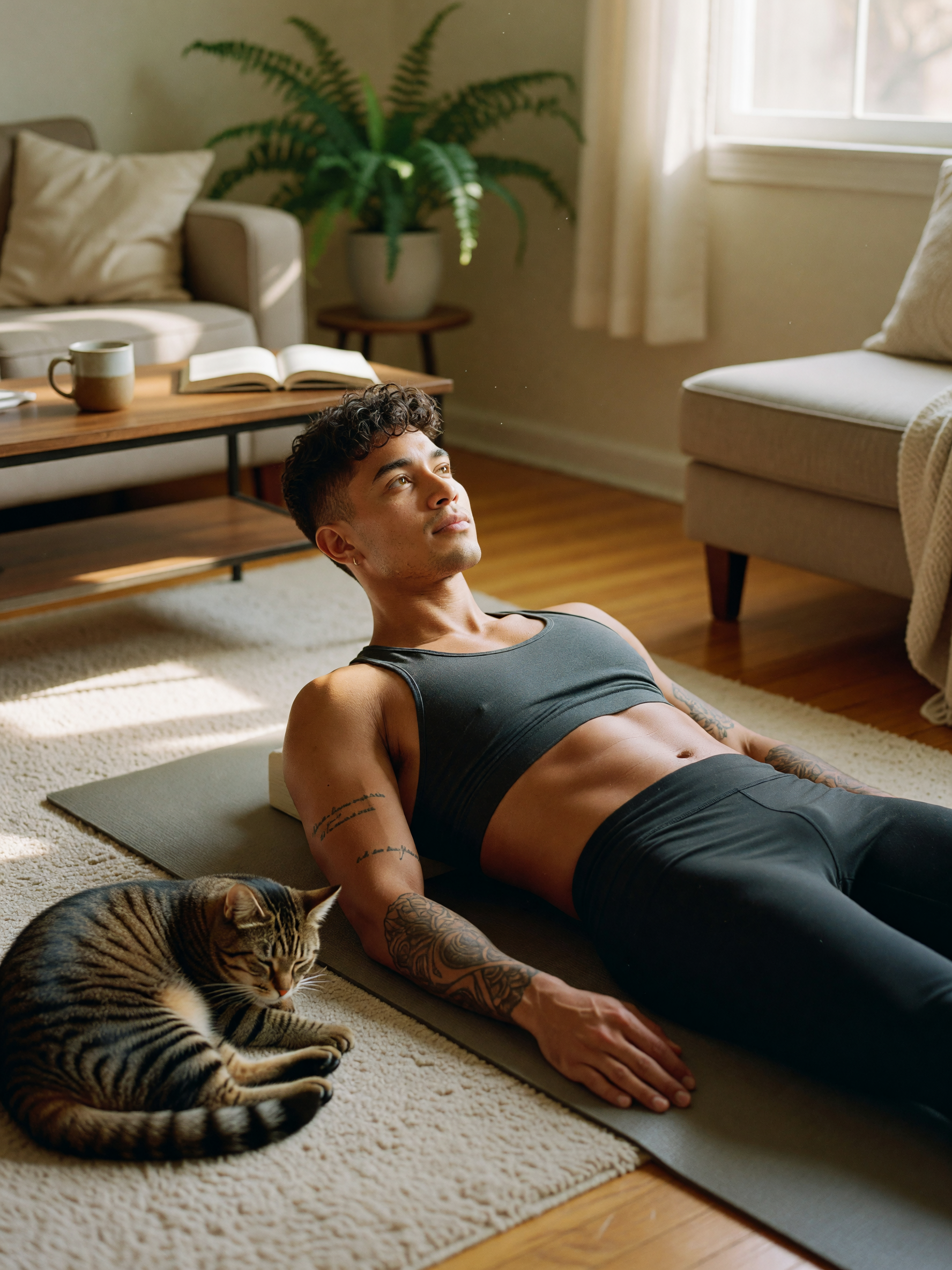 mat still warm from savasana and my cat keeps trying to nap on it. reset complet