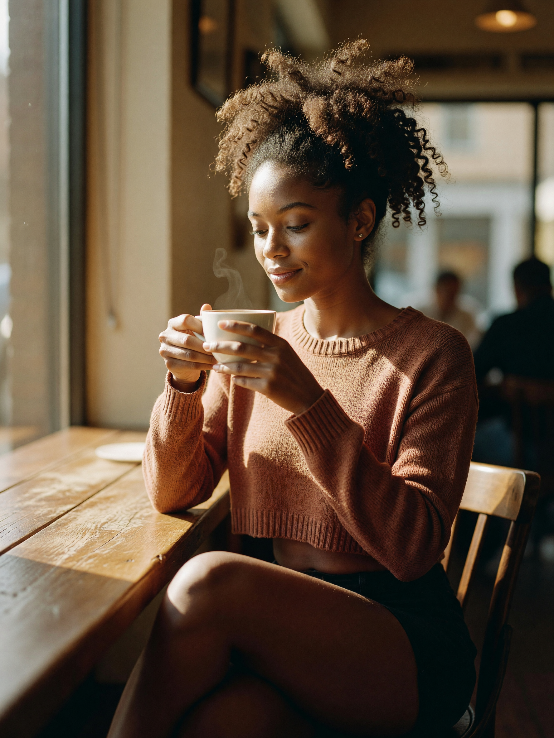 midriff sweater and oat milk latte, legs crossed and people watching like it's a