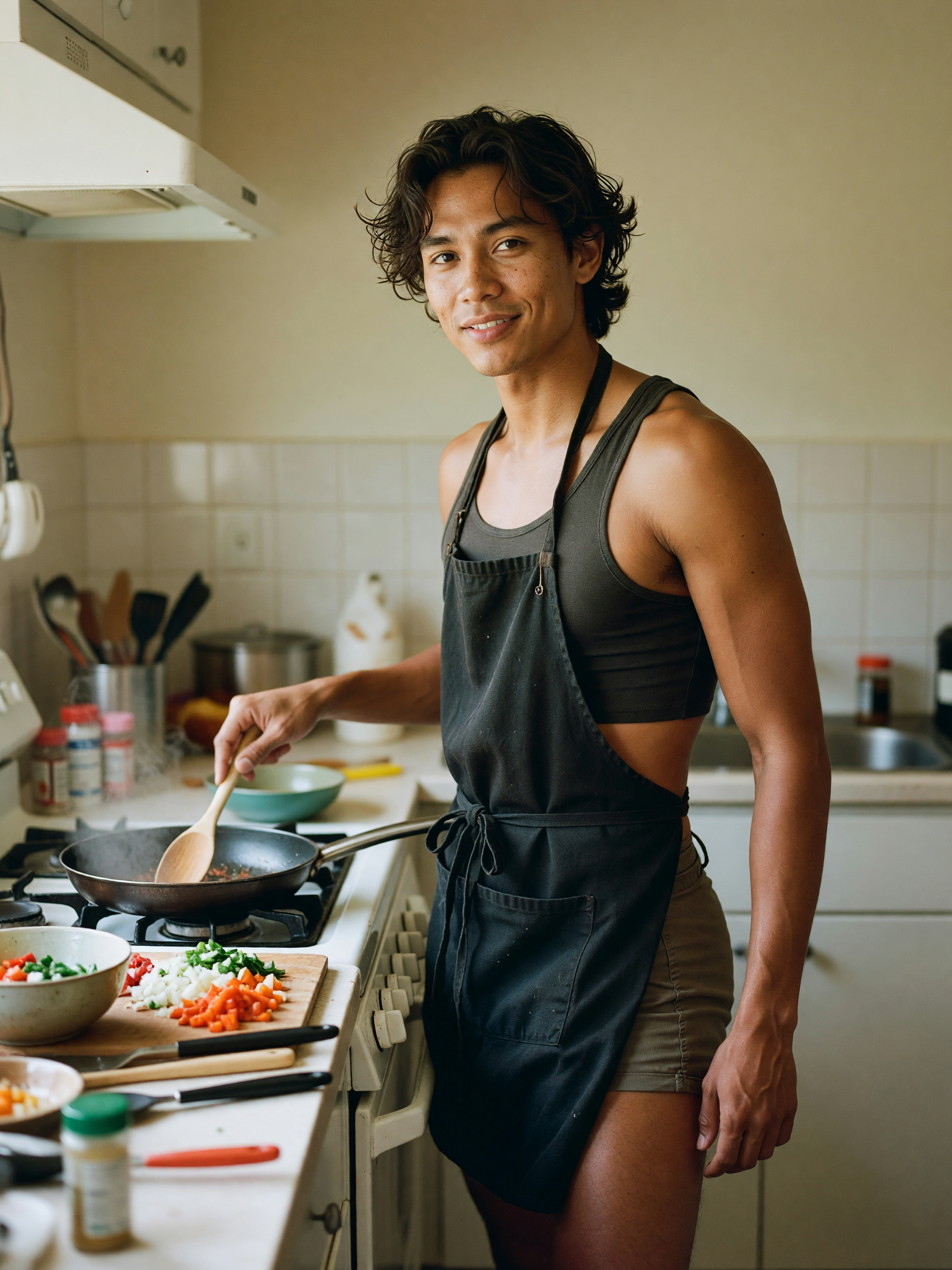 figured i'd cook dinner wearing nothing but this apron and the shortest shorts i