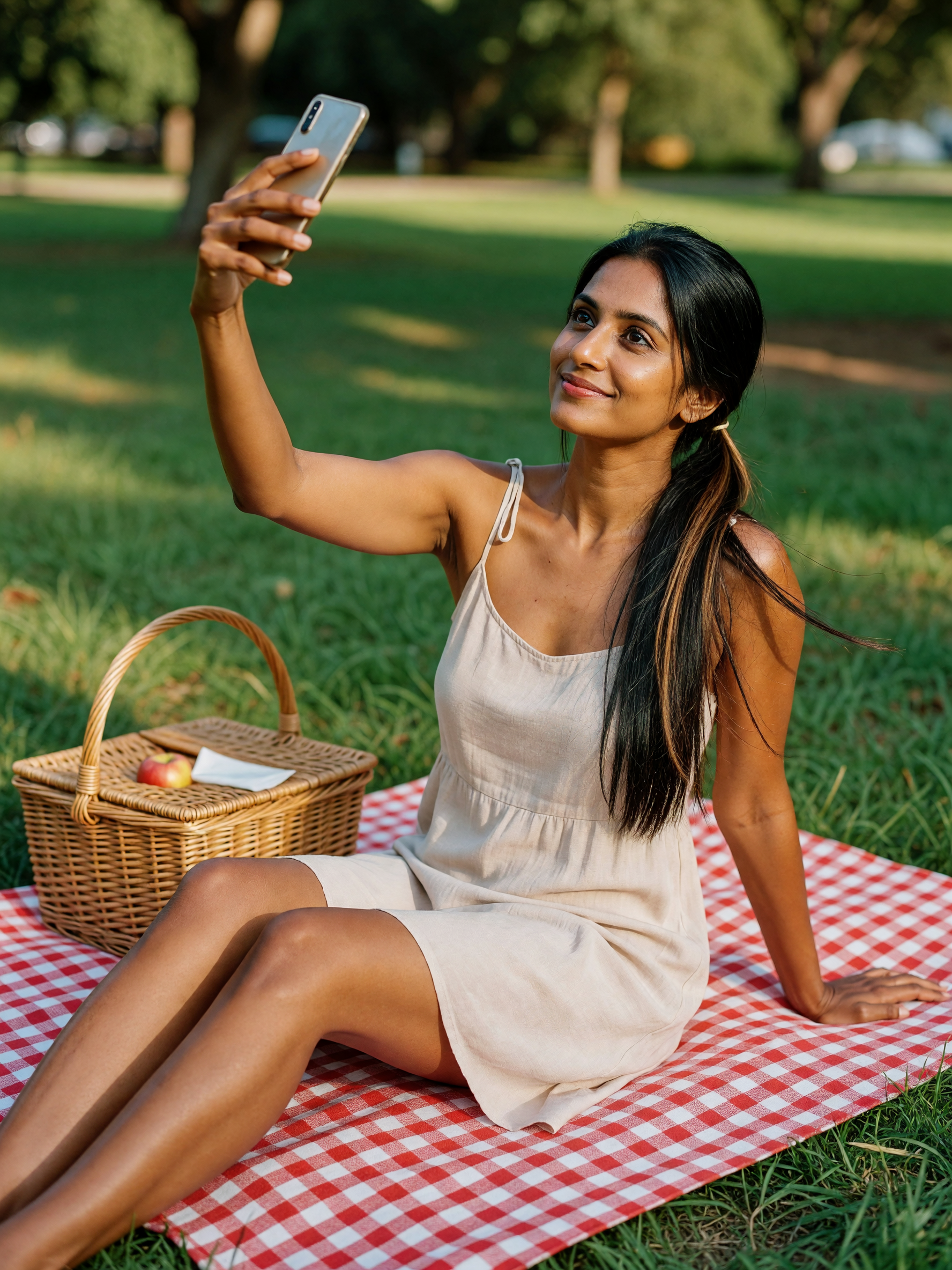sundress season and a basket that's half snacks half excuses to stay longer. leg