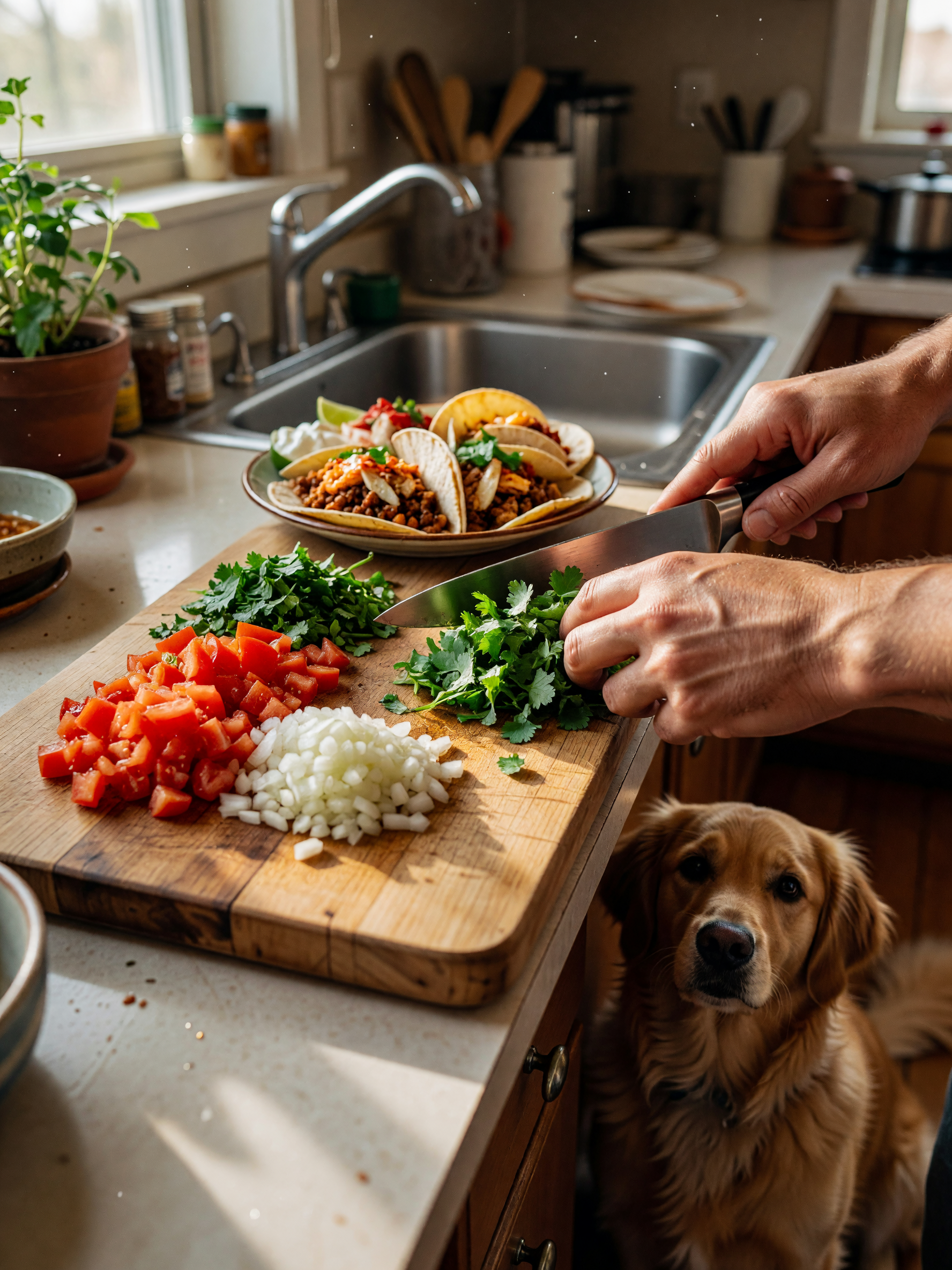 taco night at home, chopping onions and cilantro while milo waits for any droppe