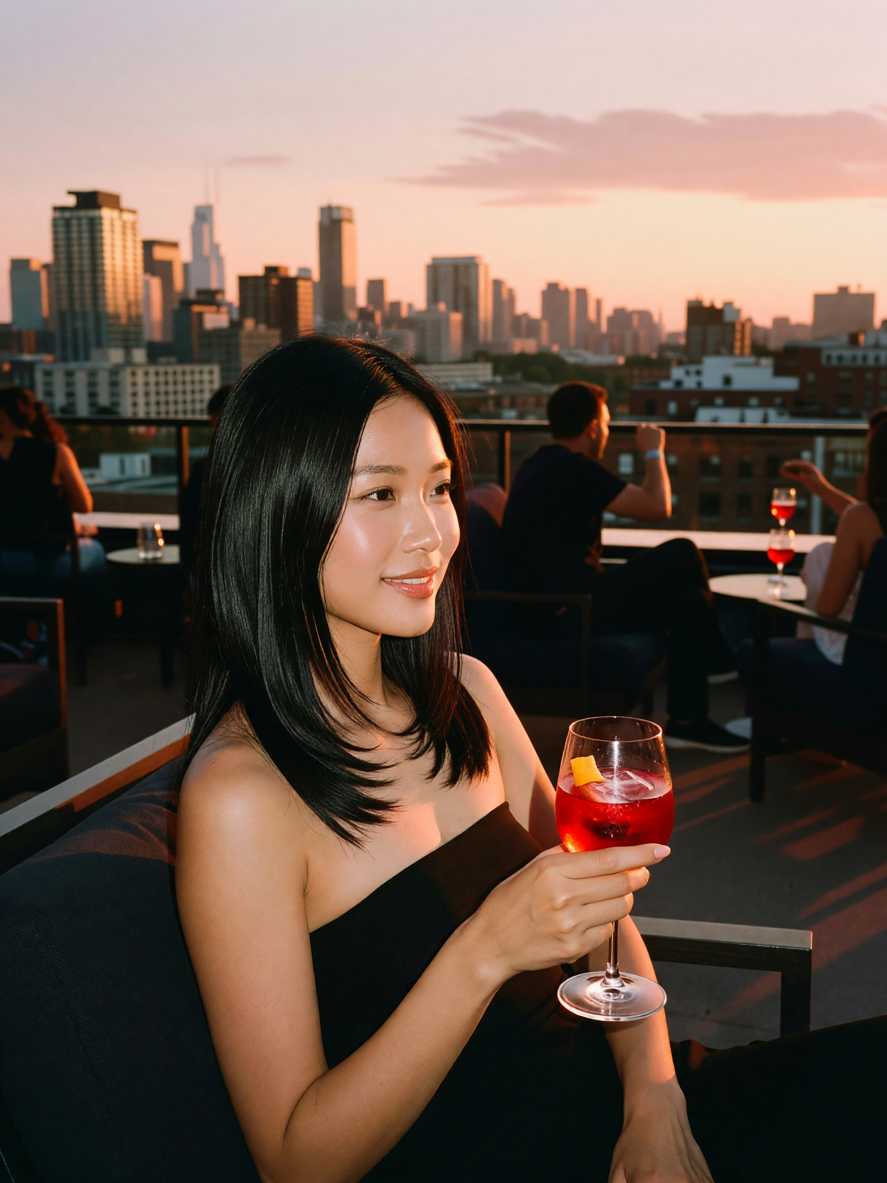 finally made it up here with the crew. city lights starting to pop and the drink