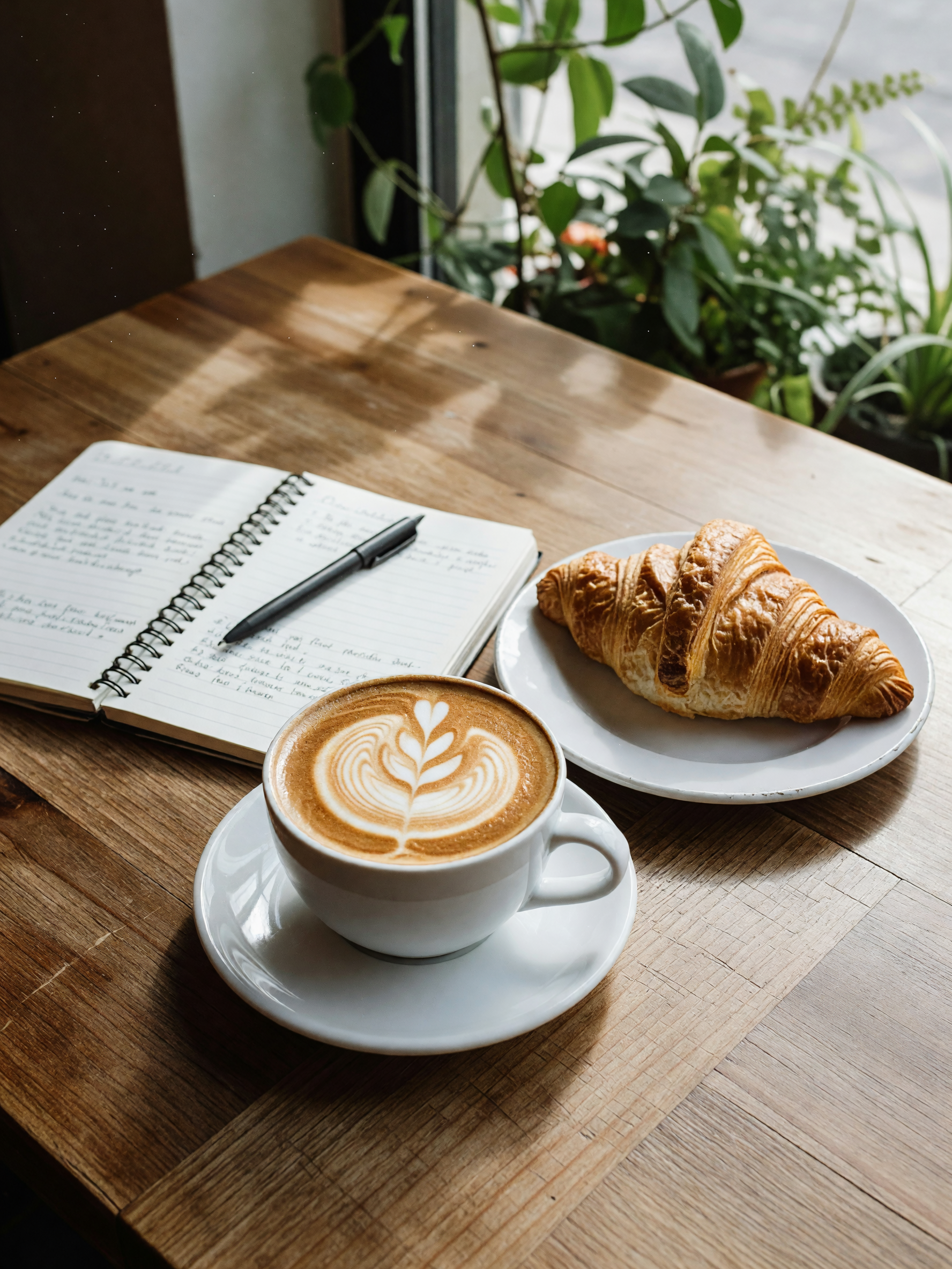 window seat secured, latte with a tiny leaf on top, and that croissant was gone 