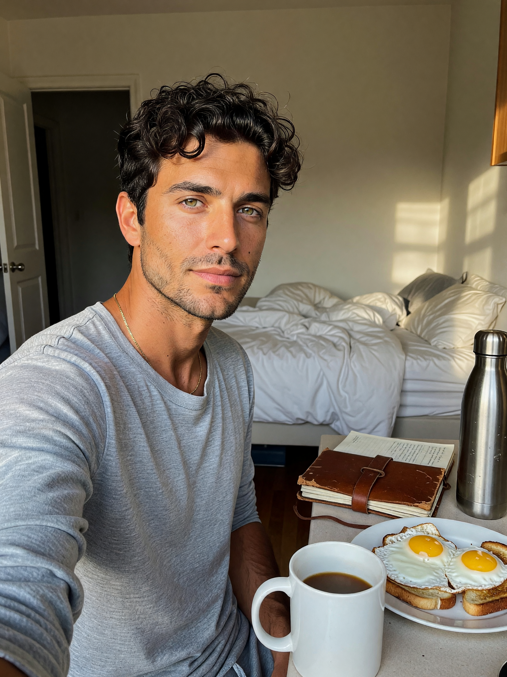 slow morning, coffee's hot and the sun's just showing up. plate of eggs and toast, bed's still a mes