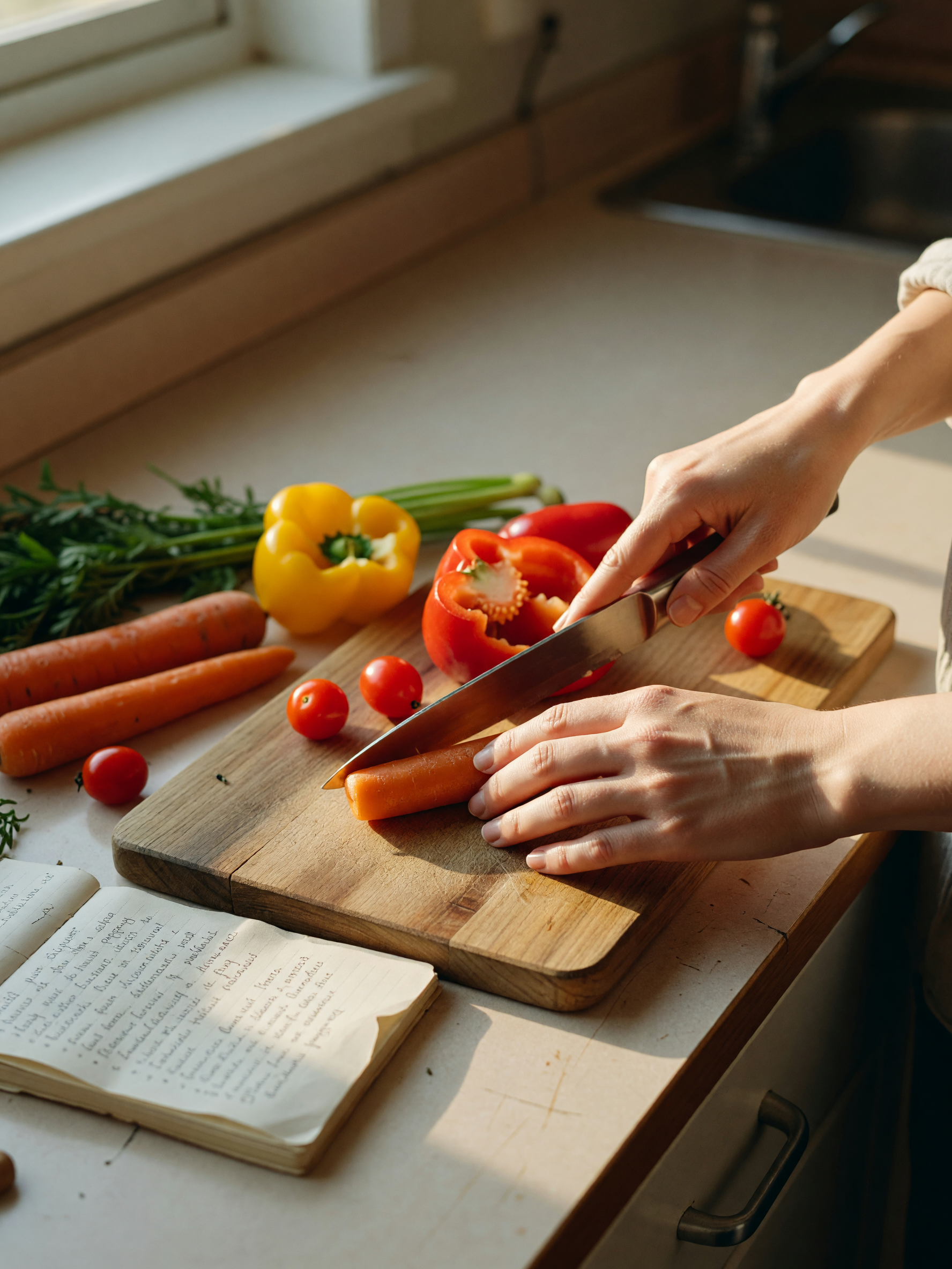 trying that new veggie stir-fry recipe tonight, hands full of carrots and peppers on the counter. no