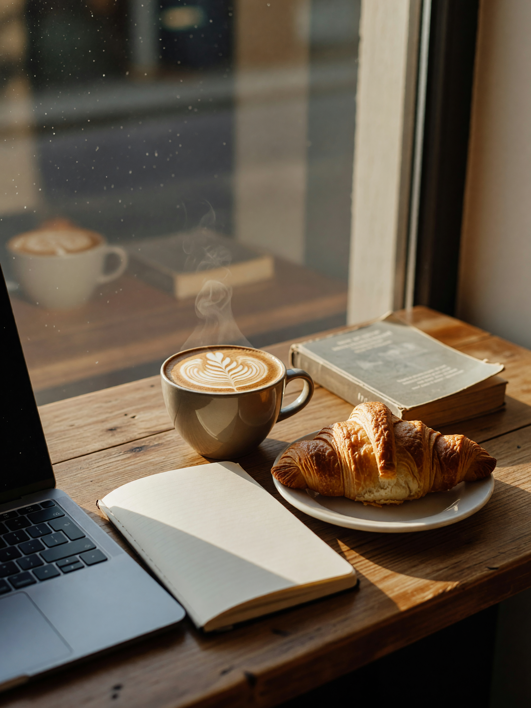 laptop open, notebook out, latte with a little leaf on top and a croissant waiting. quiet morning wi