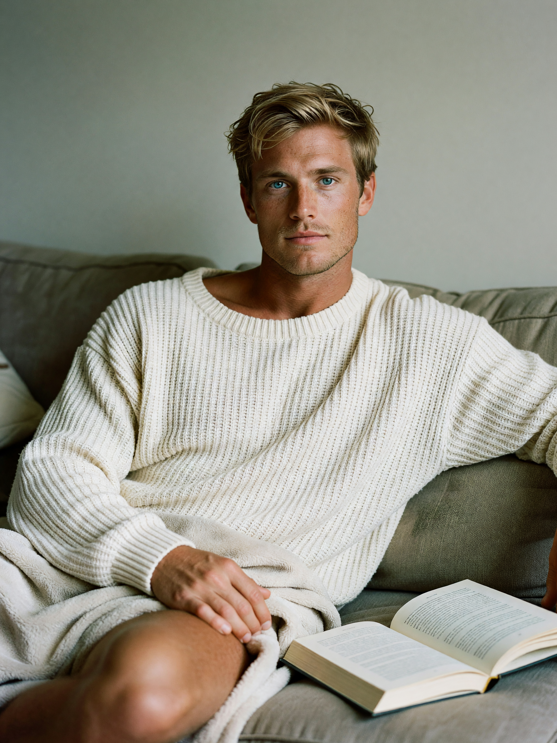 blanket, sweater, and this book finally getting finished. legs out, pages turnin