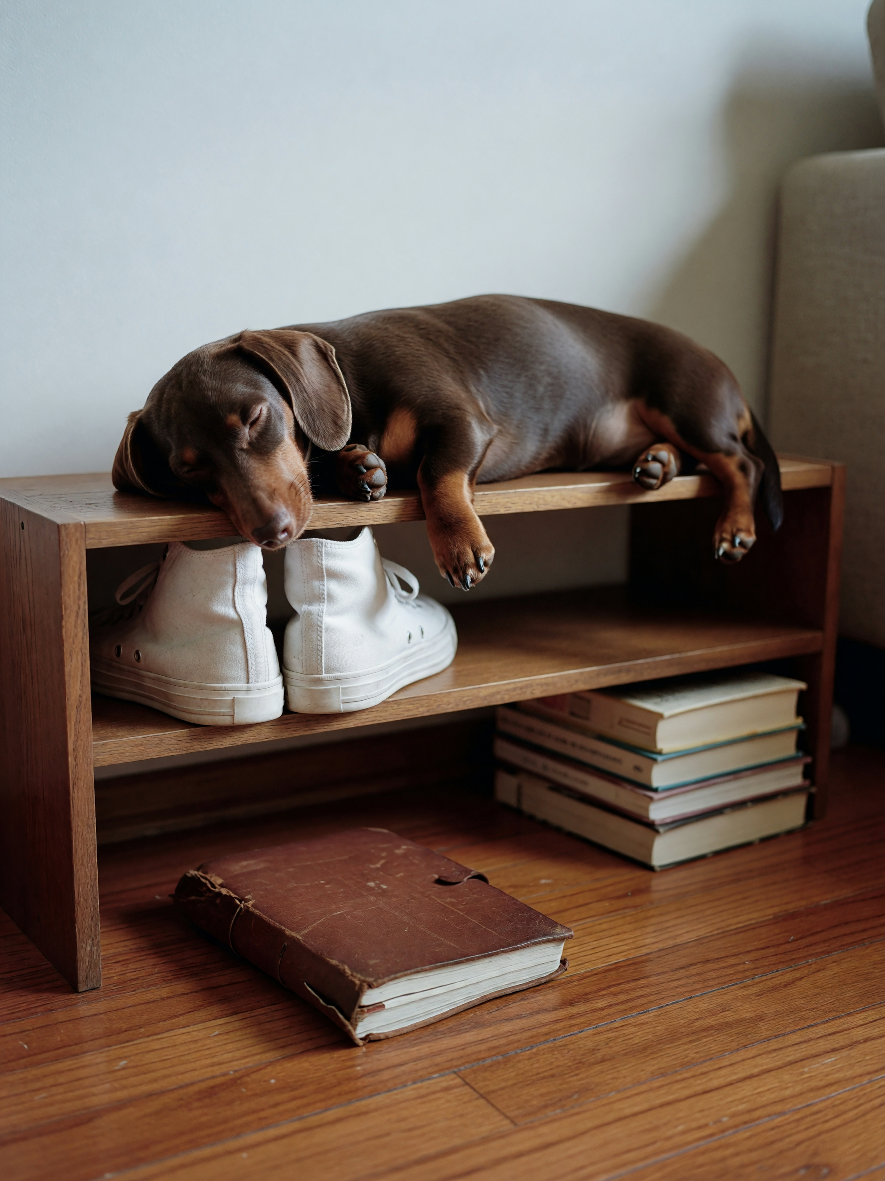 luna decided the shoe rack was the perfect nap spot again. my sneakers are now o