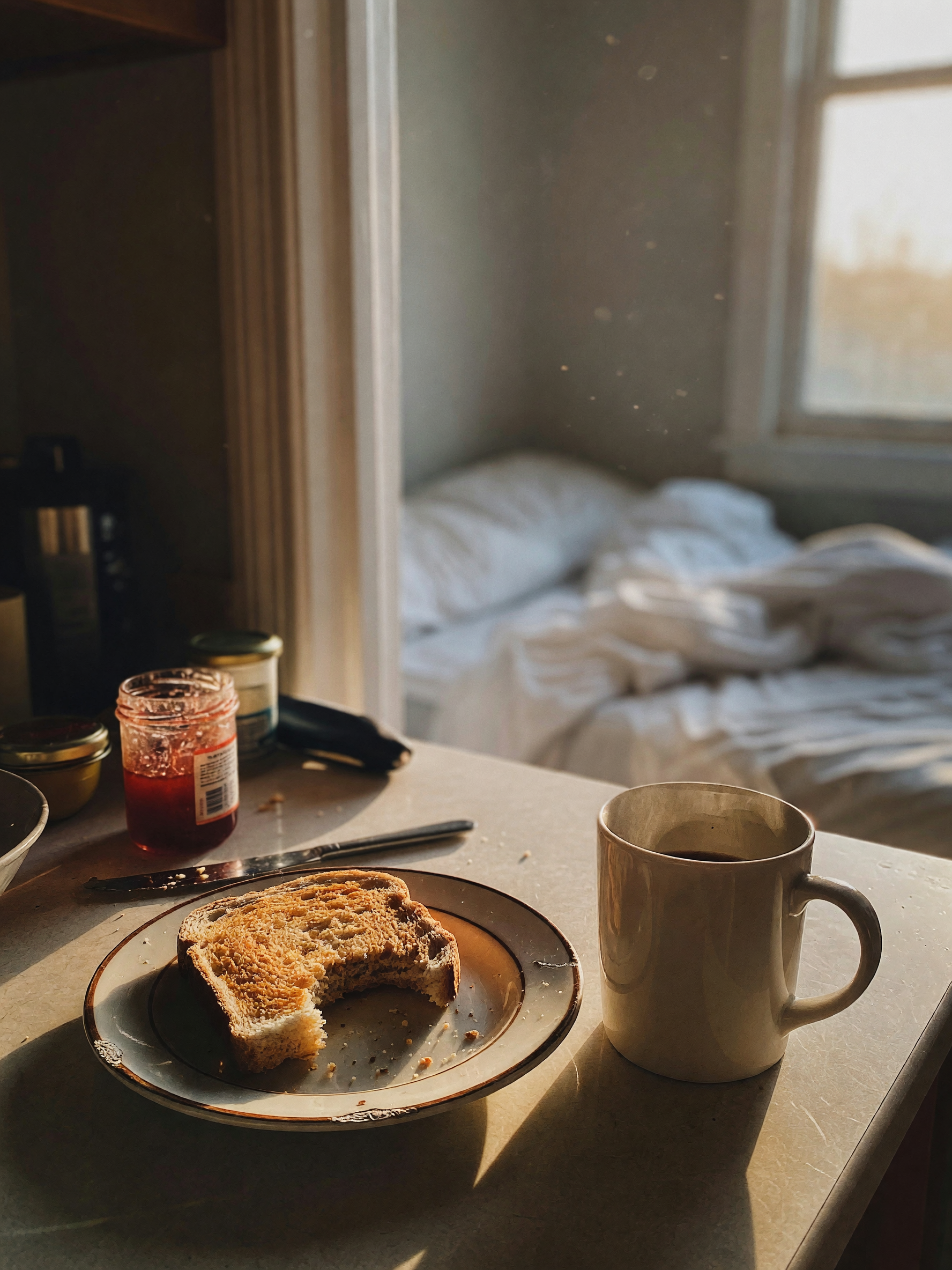 toast half-eaten already. sun just started hitting the counter. might go back to