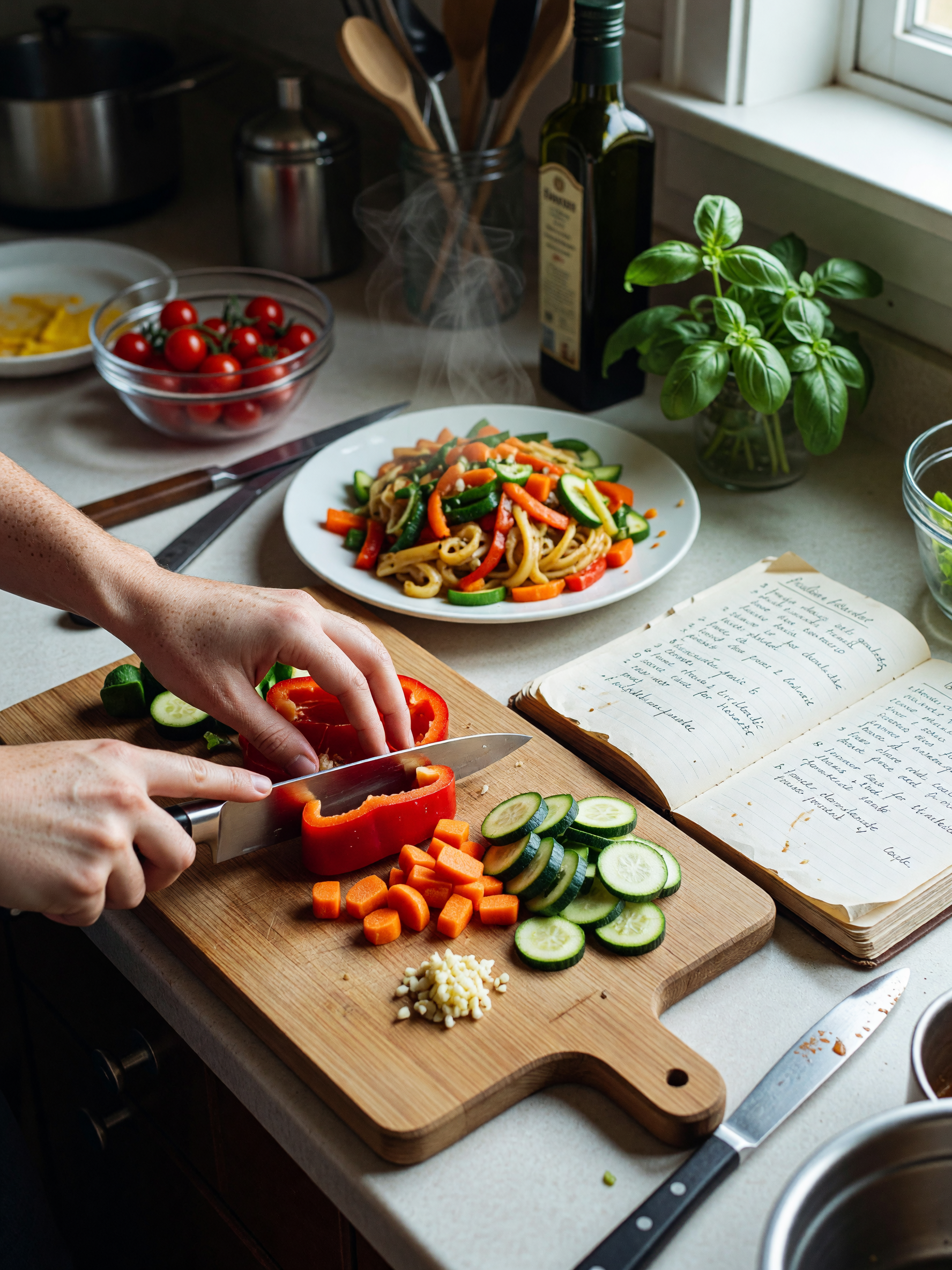 midday veggie chopping session, trying that new stir fry combo with quinoa on th