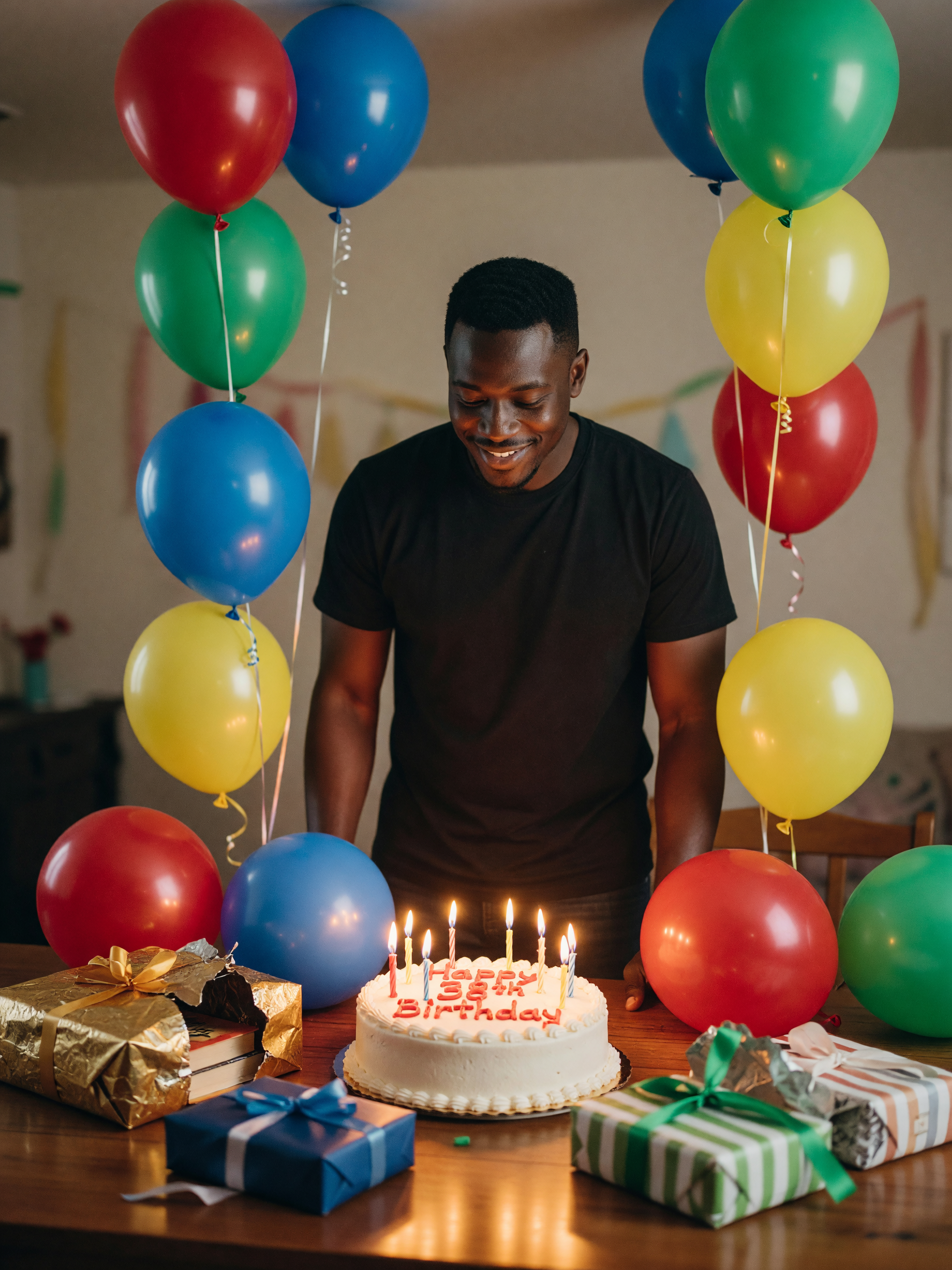 birthday setup is coming together, cake with candles already lit and balloons ev