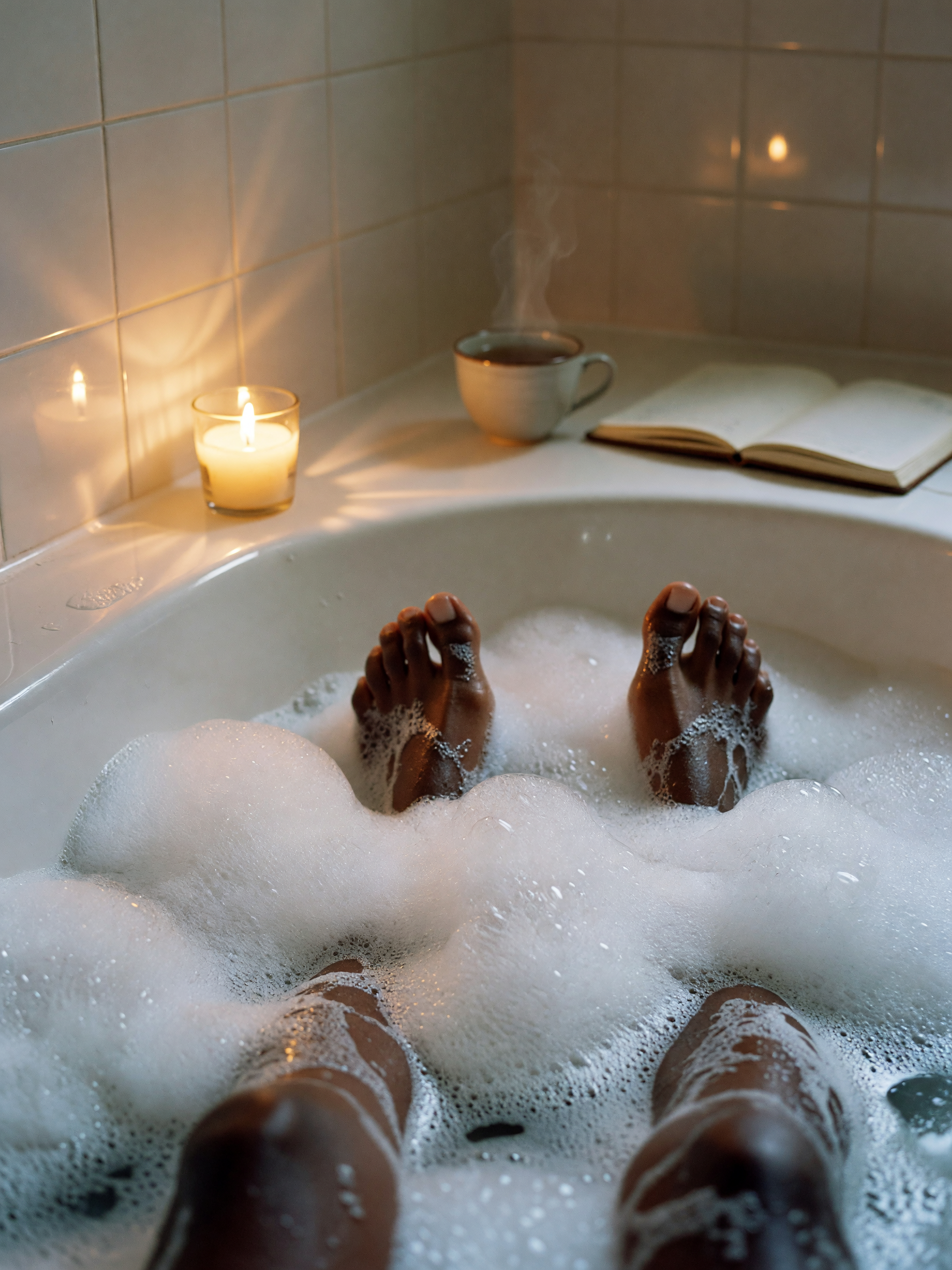 mask on, tea cooling on the counter, journal open on the sink. figured the foot 