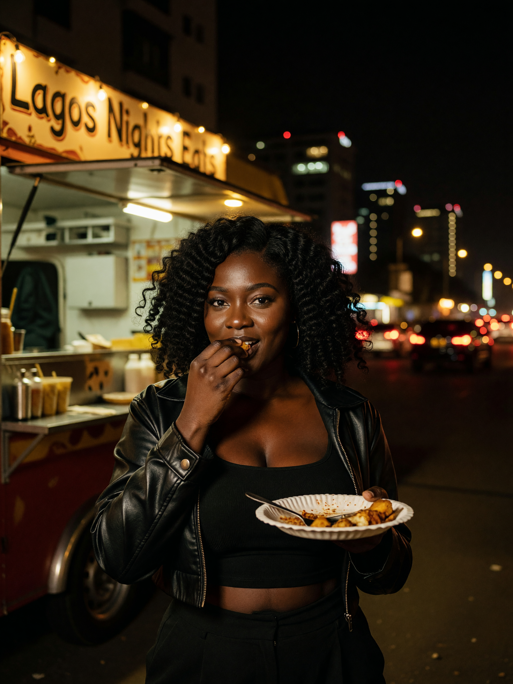 leather jacket over crop top, jollof in one hand, zero regrets in the other. lat