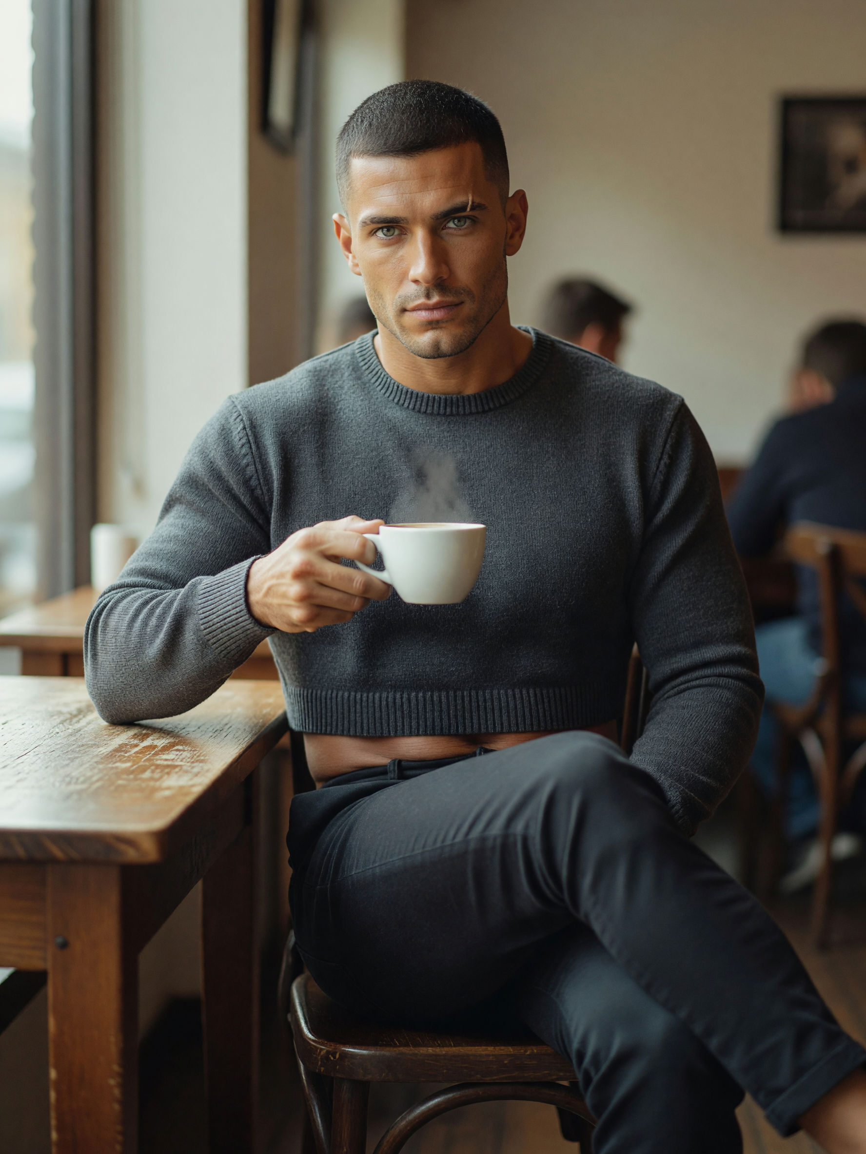 quick espresso before the next set, sweater doing overtime keeping me warm. legs crossed like i'm pl