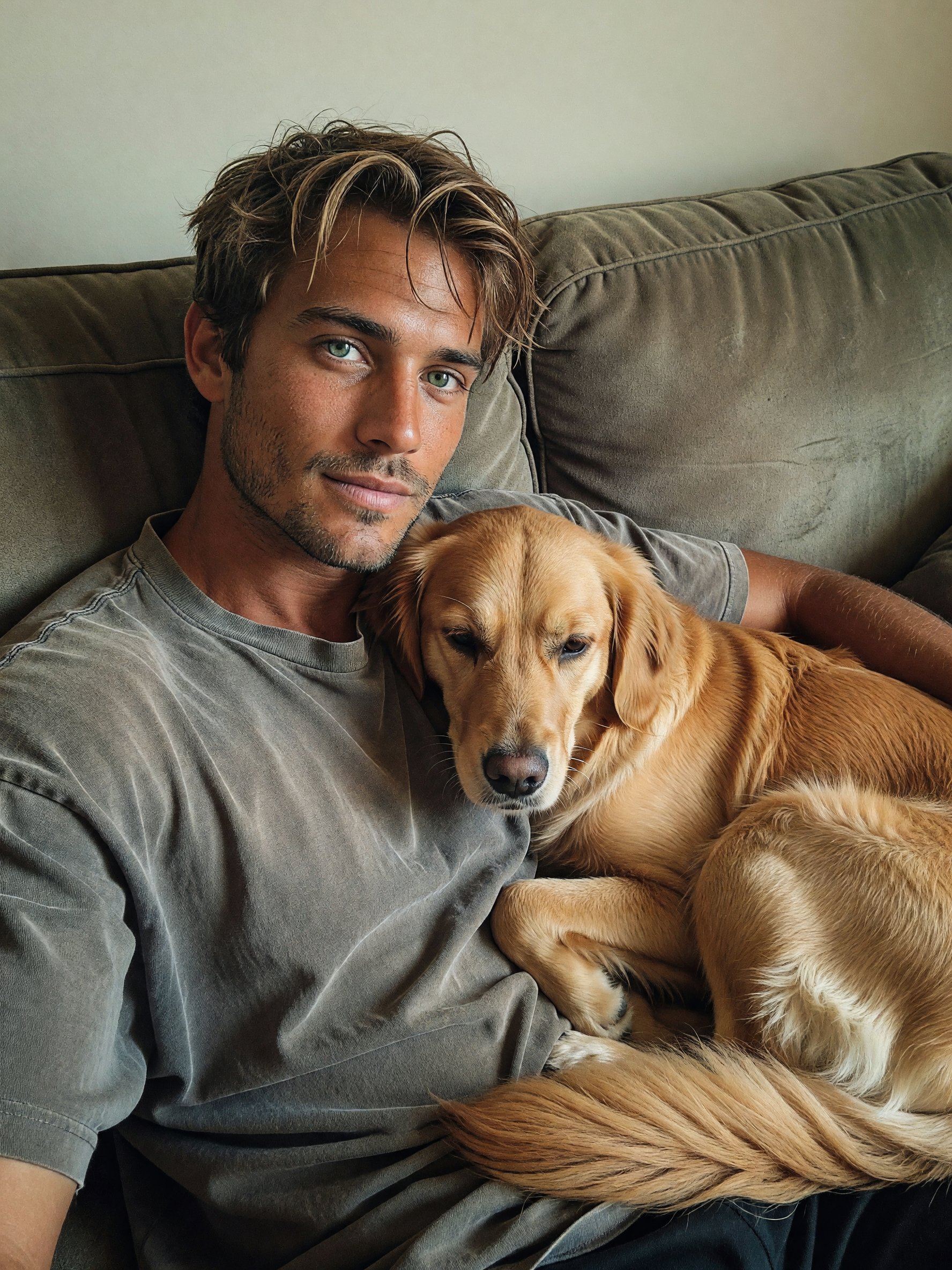 oversized shirt only, golden retriever snuggles, zero plans to move. rocky gets all the attention to