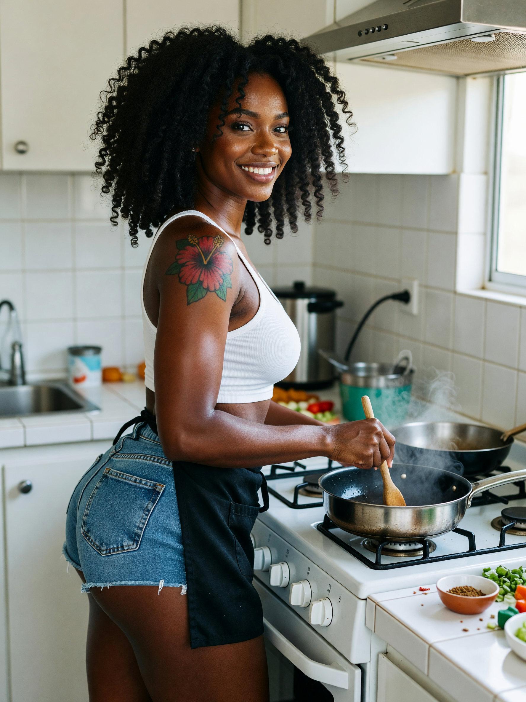 Dinner tonight needs extra flavor so the apron stays on and the shorts stay tiny