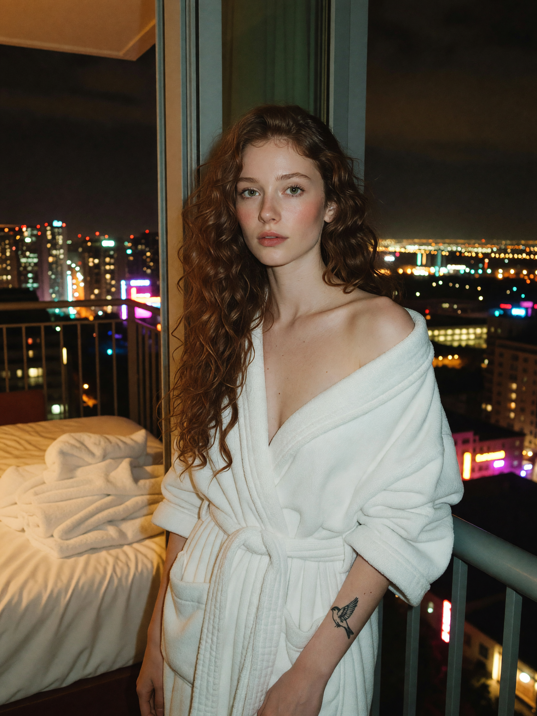 room service tray still warm, robe barely tied, and the city lights glowing outs