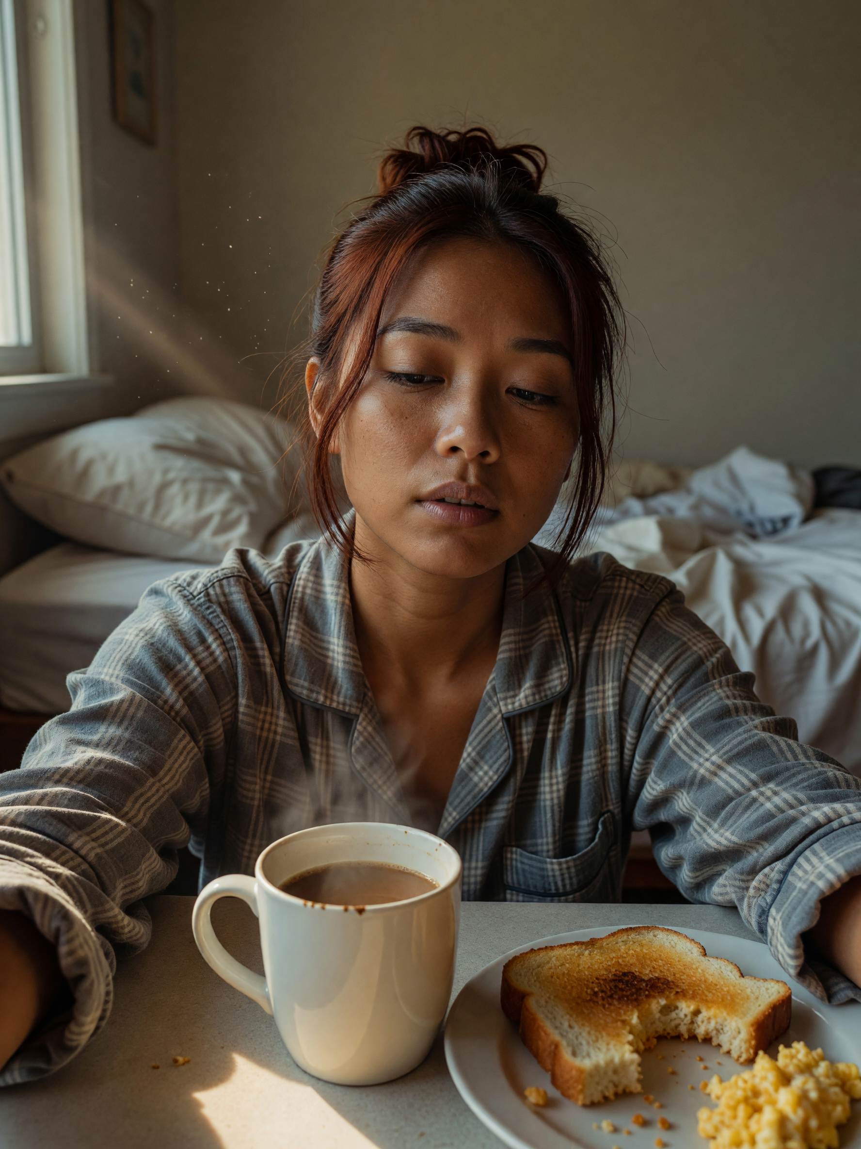 slow morning with coffee and breakfast in my favorite spot by the window, still 