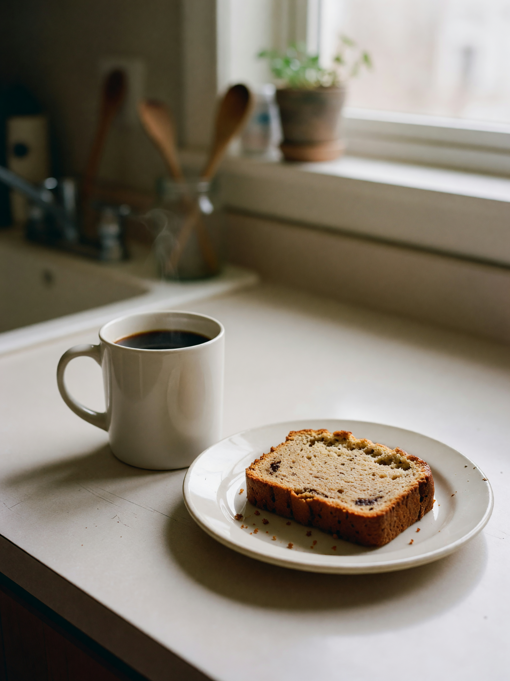 first thing this morning: coffee on the counter, sleepy eyes, and leftover banan