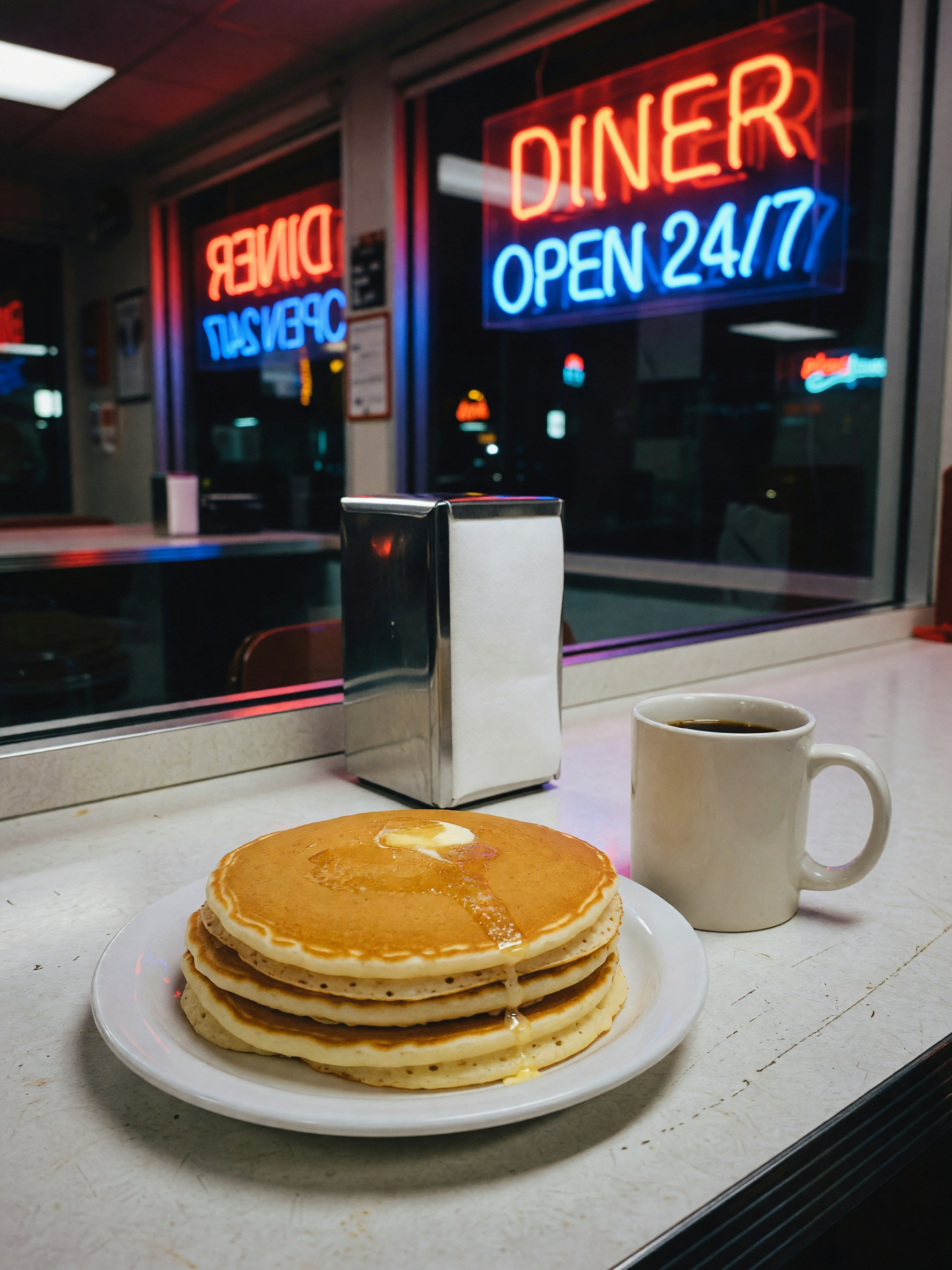 midnight pancakes hit different when you're the only one at the counter. coffee's bottomless and the