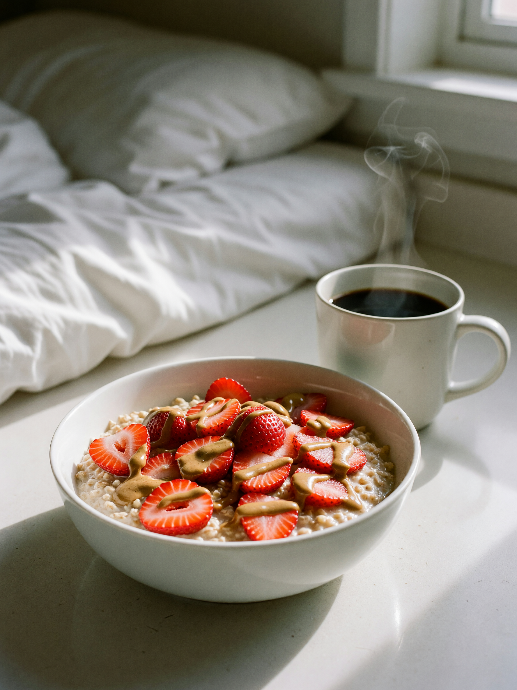 oatmeal with almond butter and strawberries because adulting needs fuel. sun coming through the wind