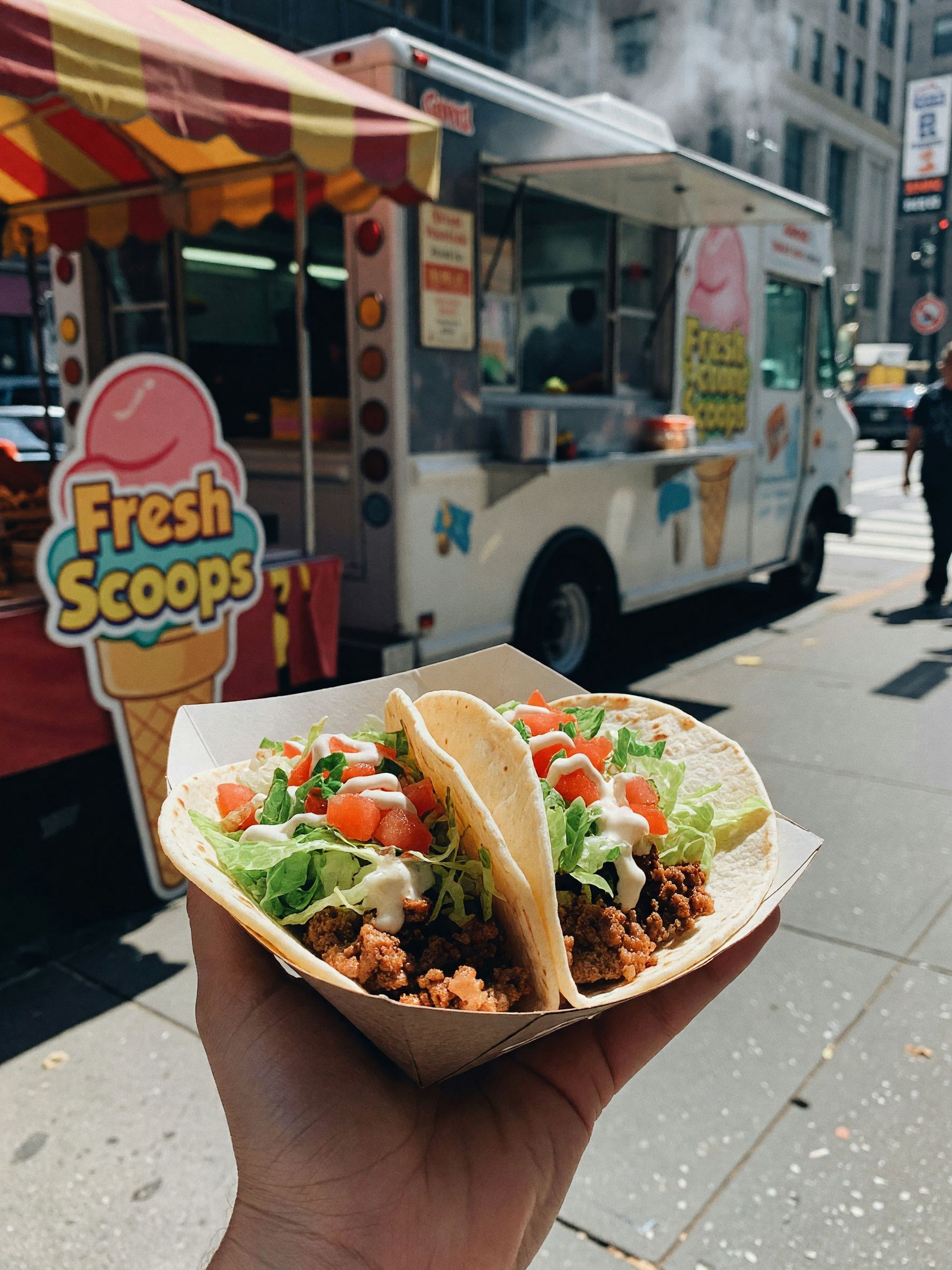 tacos from the truck around the corner, salsa dripping everywhere but worth it. 