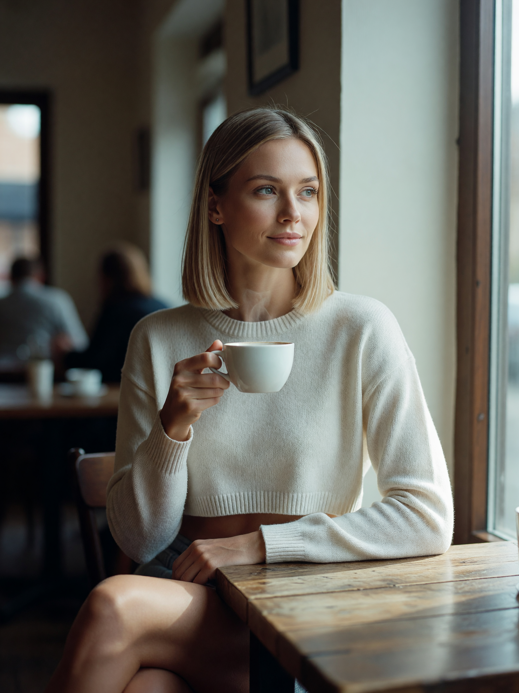 cropped sweater barely covers, coffee hot, legs crossed and zero rush to get any