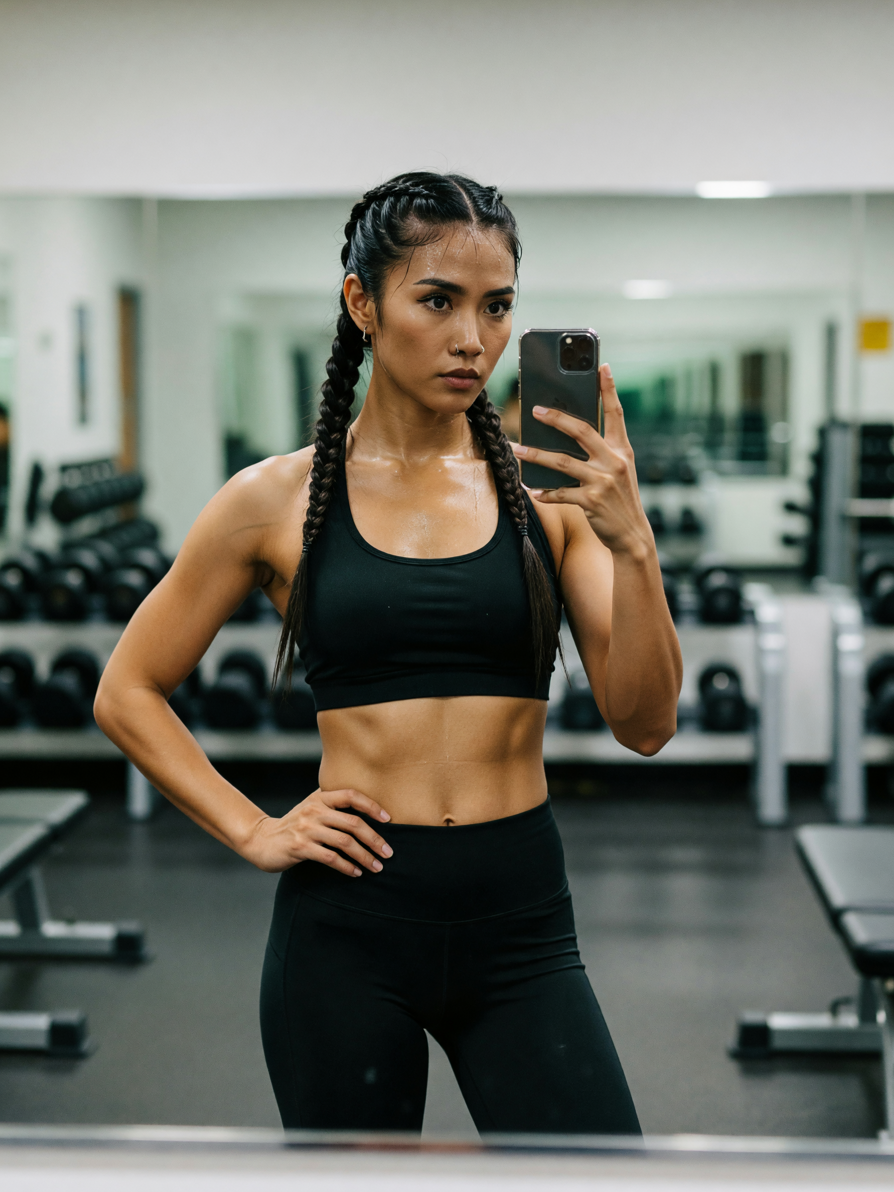 sports bra, leggings, sweat everywhere, still hitting that last set like it owes