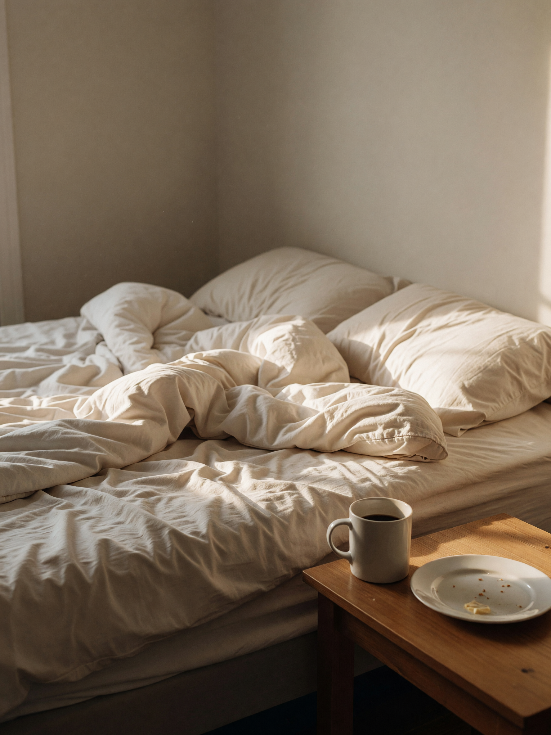 coffee's cooling on the counter, bed still unmade, sunrise sneaking in while i d