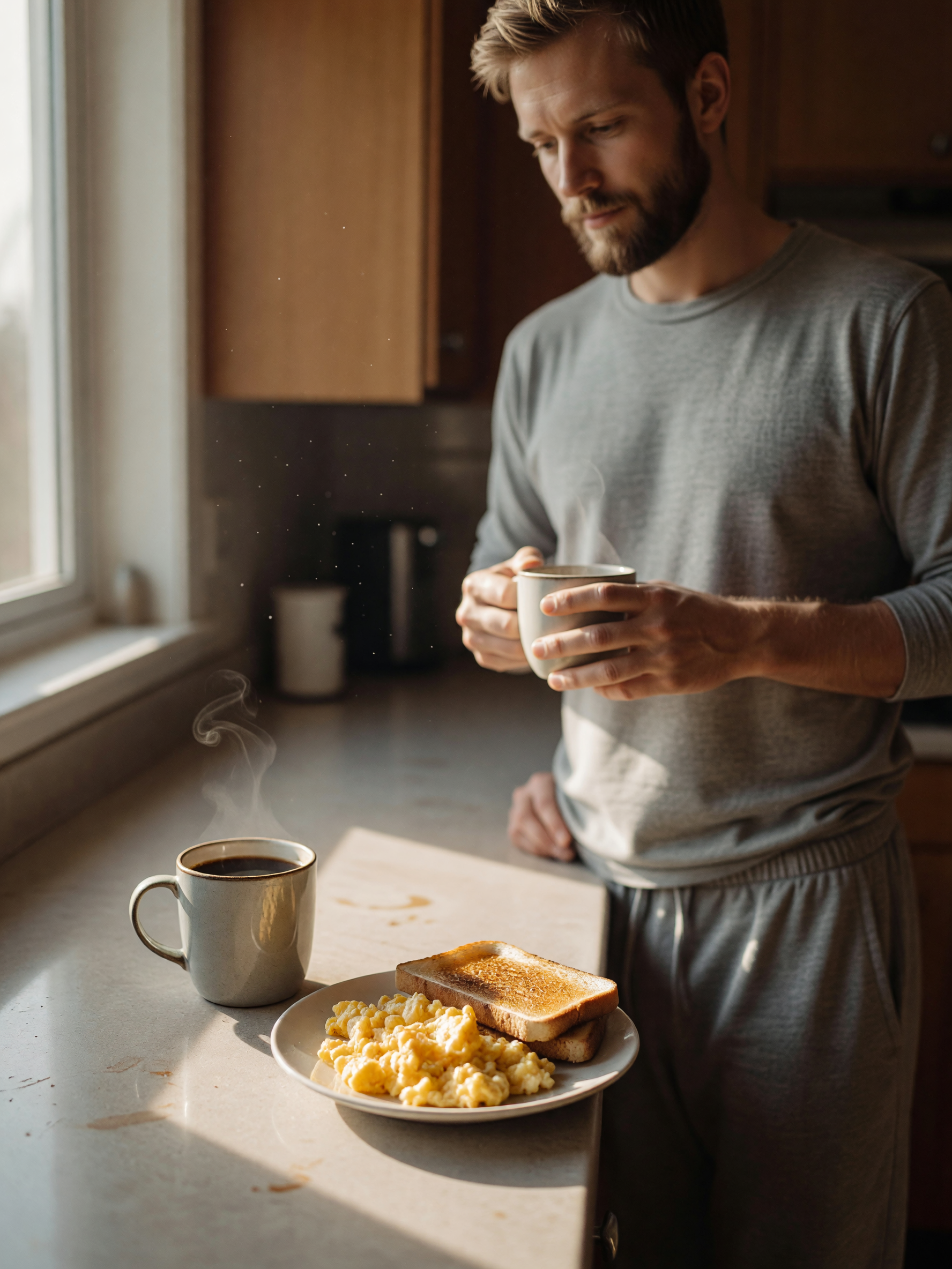 first thing: coffee on the counter, breakfast plate still steaming, and sunlight