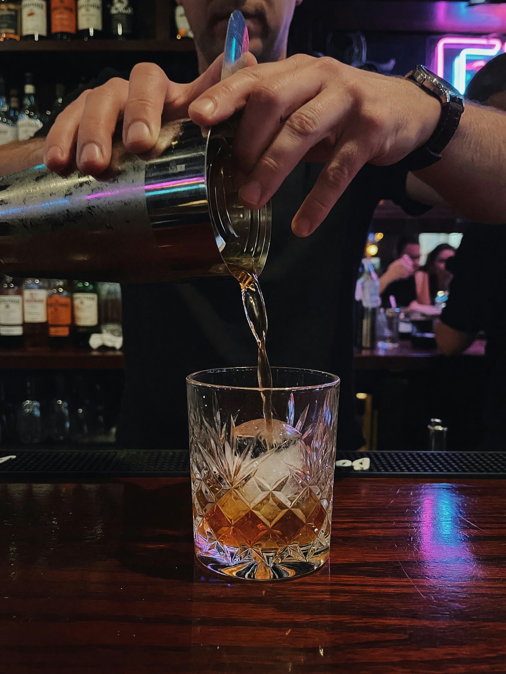 first sip of the night, watching the bartender pour this beautiful cocktail, pla