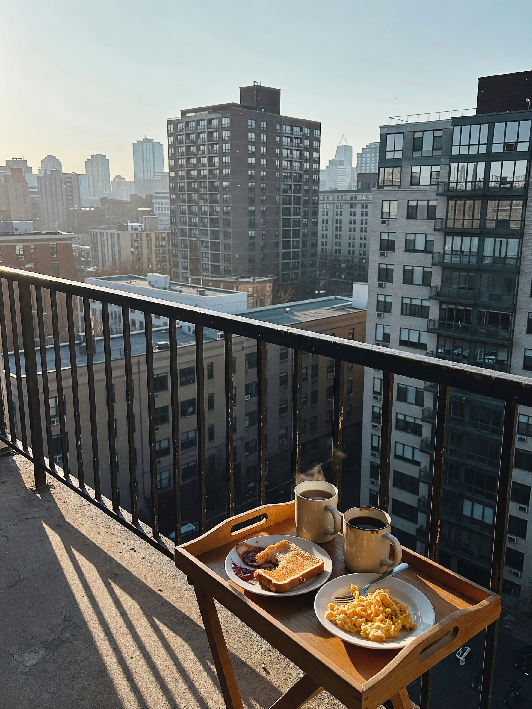 woke up to this sky over the city and coffee on the way. room service never miss