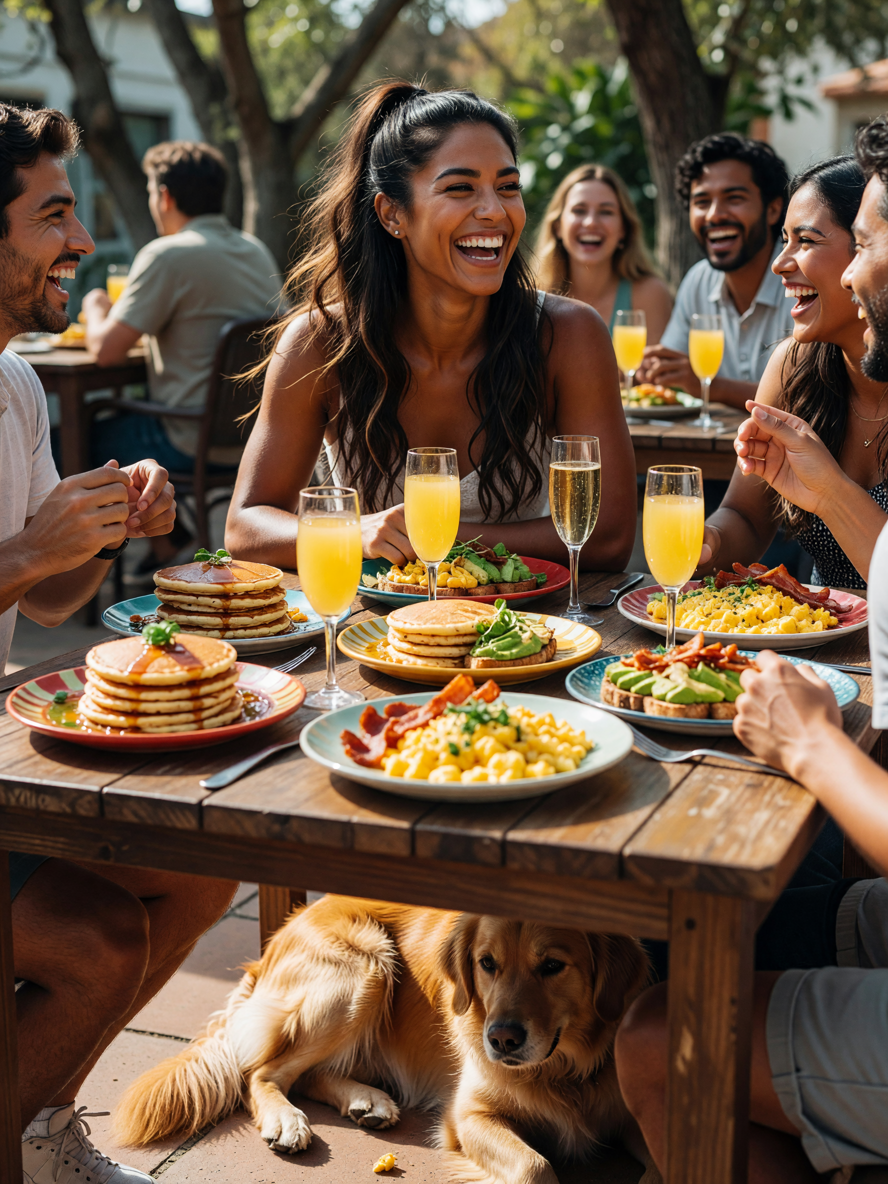 brunch crew finally made it out, mimosas on the table and everyone laughing at t