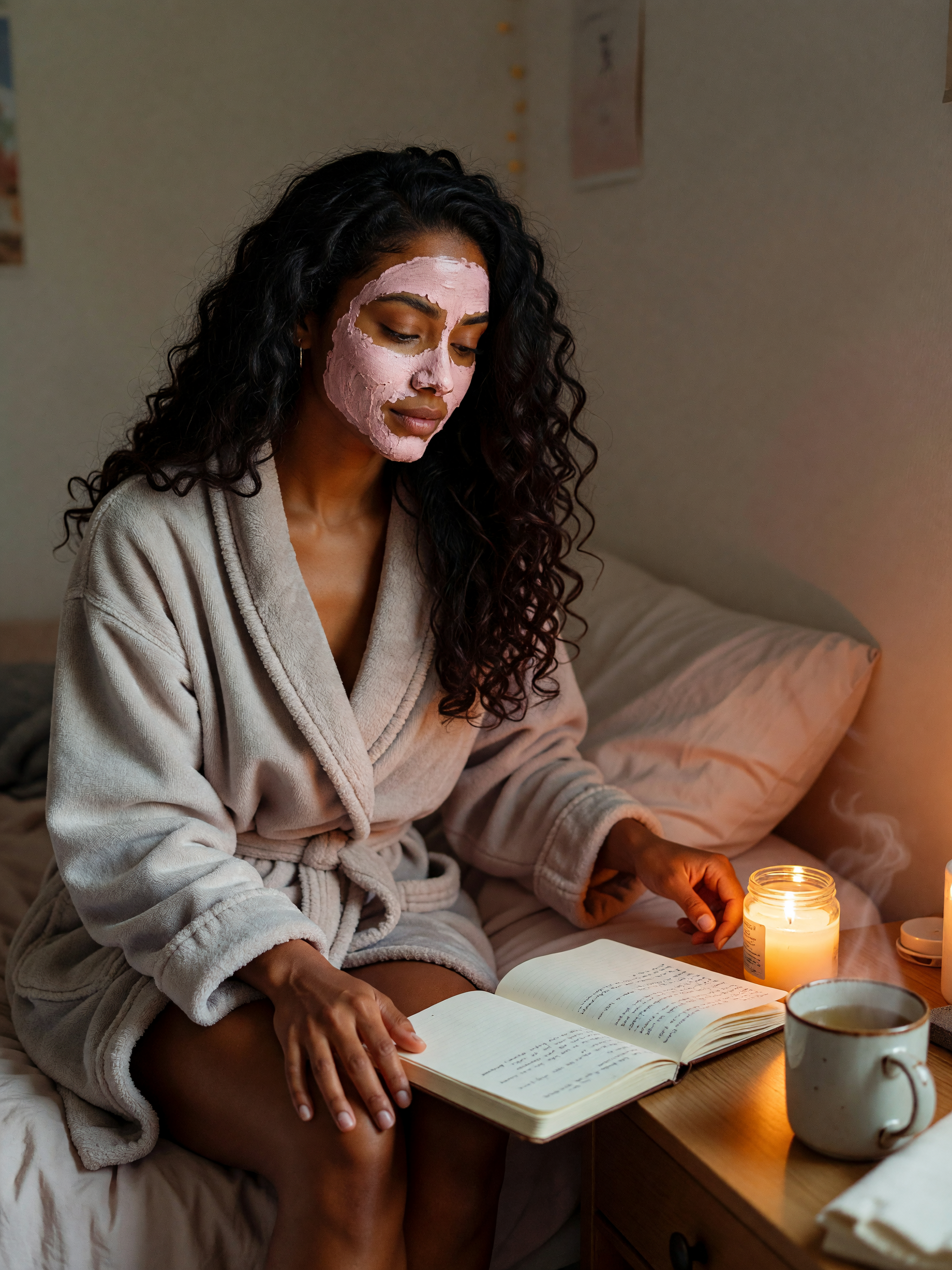 self care night: face mask on, candles lit, cup of tea cooling next to my journa