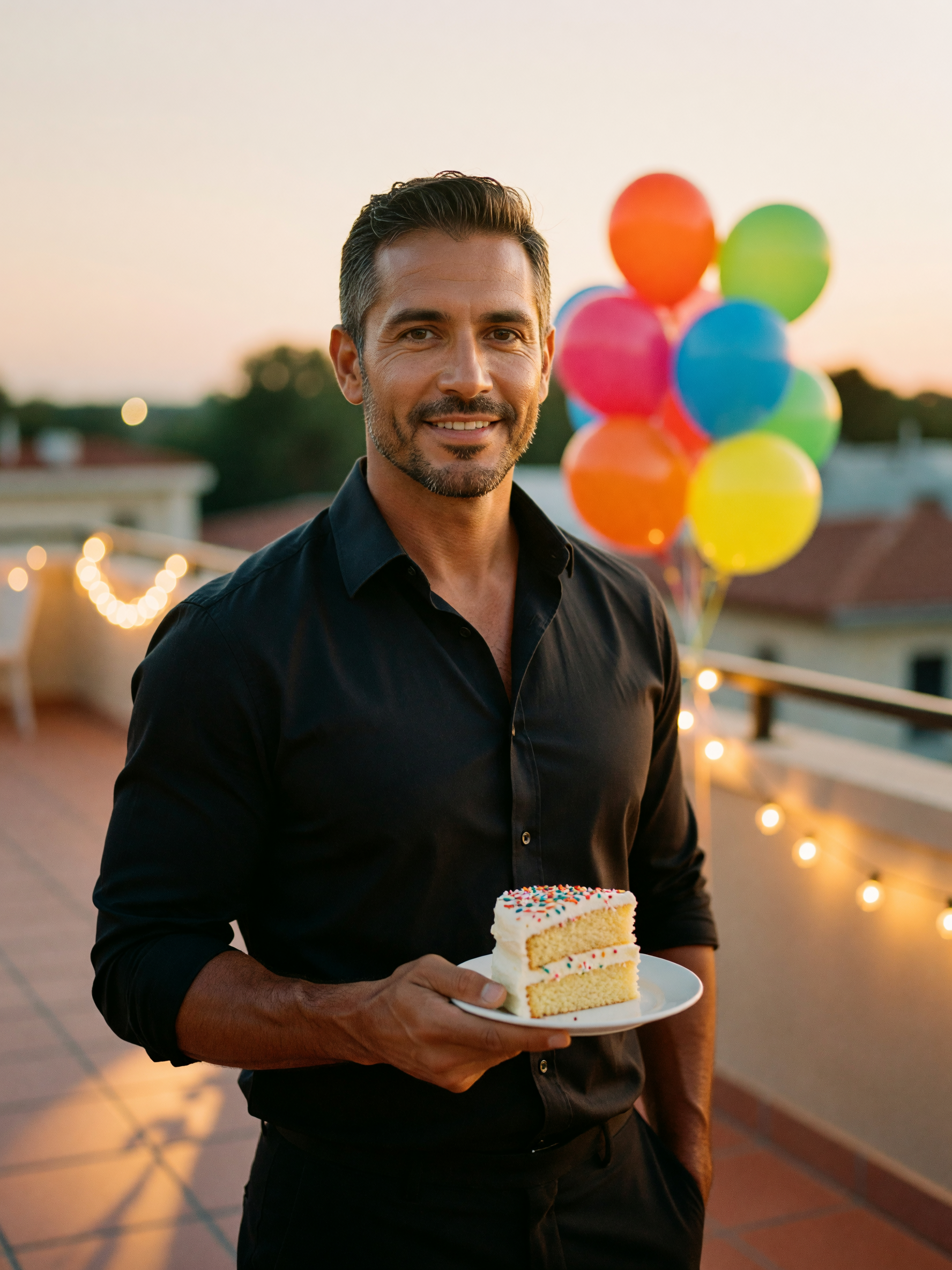 turning another year older with cake in hand and the crew around, grateful for e