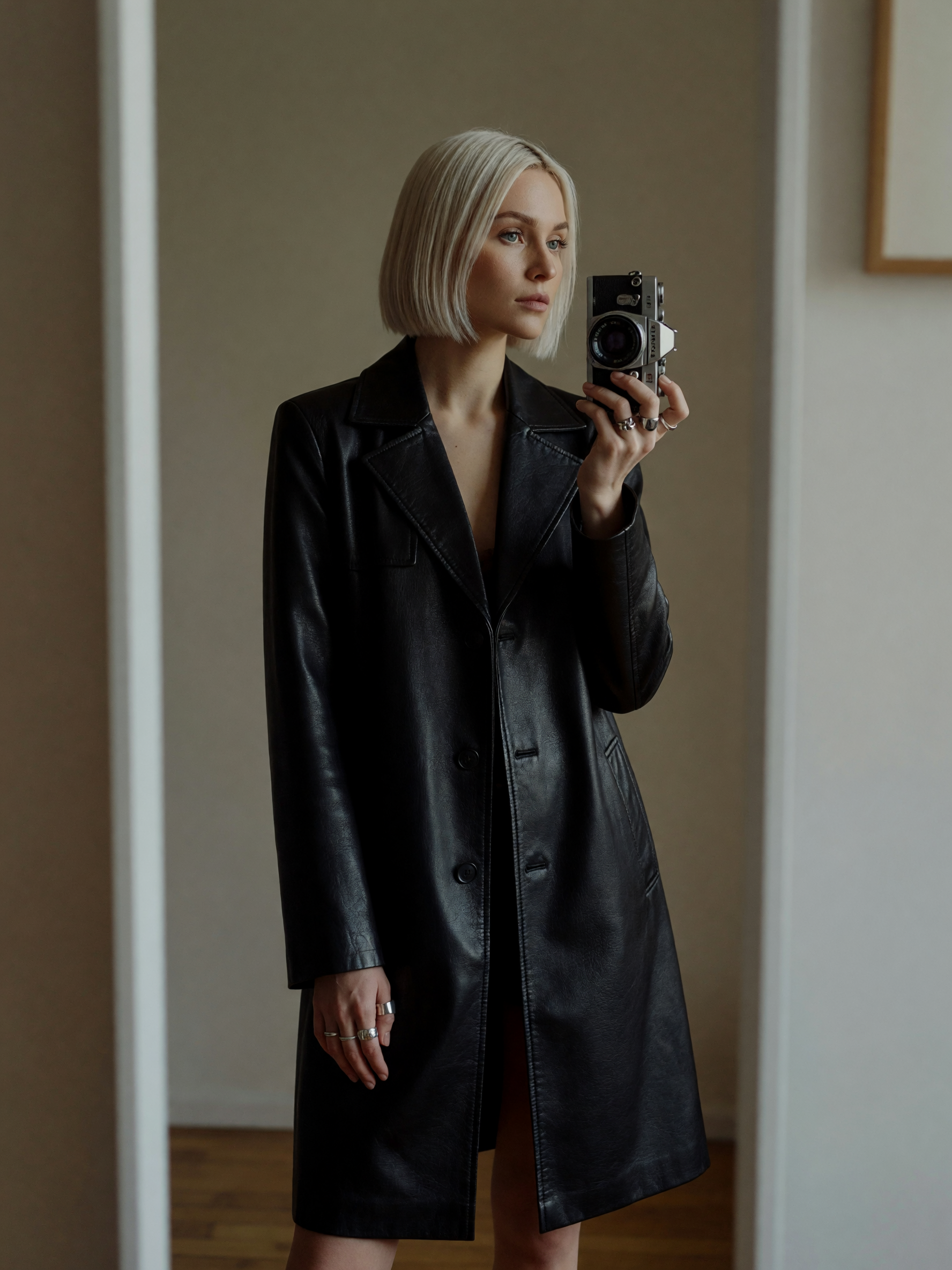 Black trench, silver stack, red lip and Contax in the bag. Straight to the gallery after this. #outf