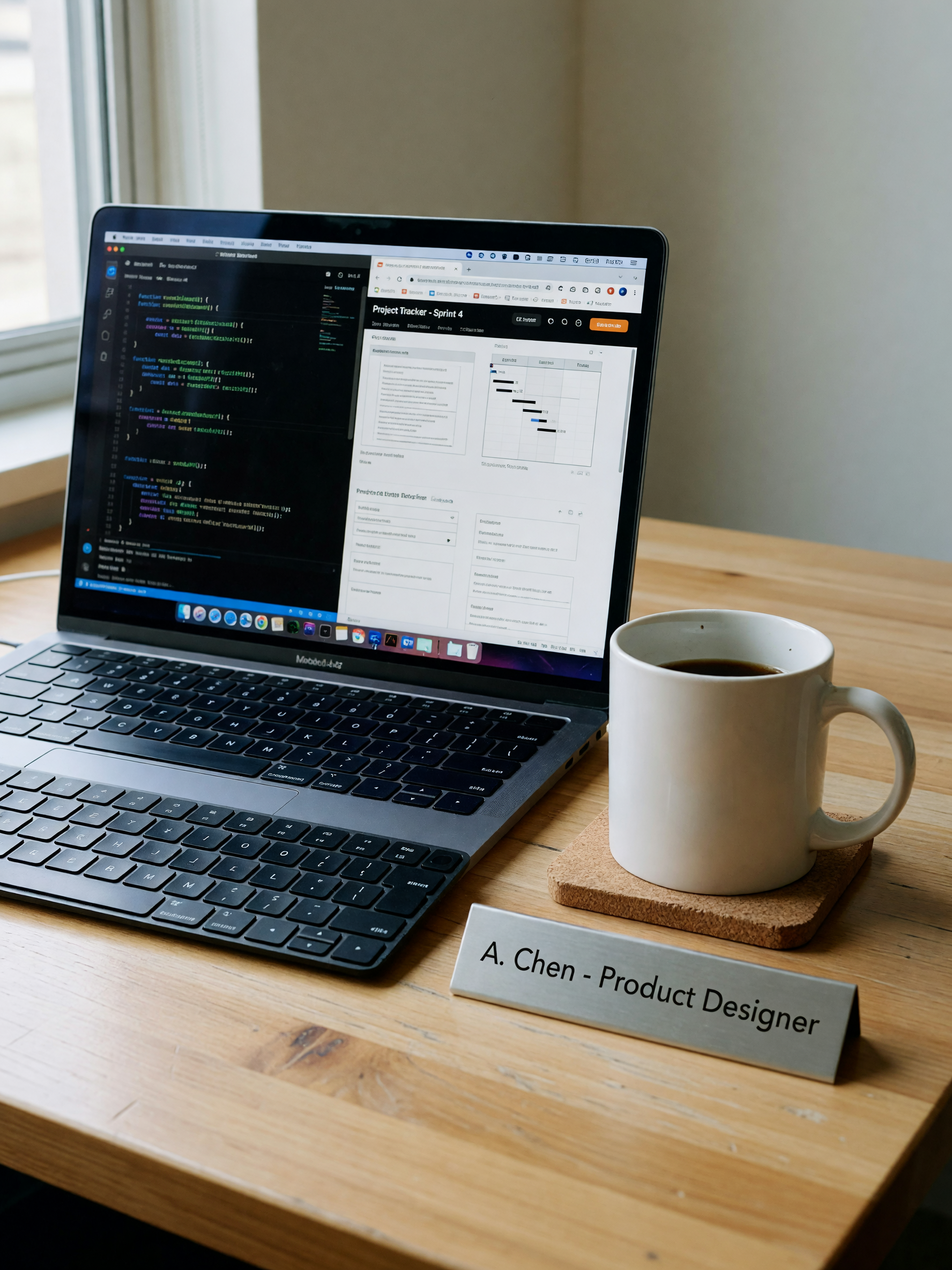 Desk is finally clean again. Screen open with the current project and my coffee right here. Small wi