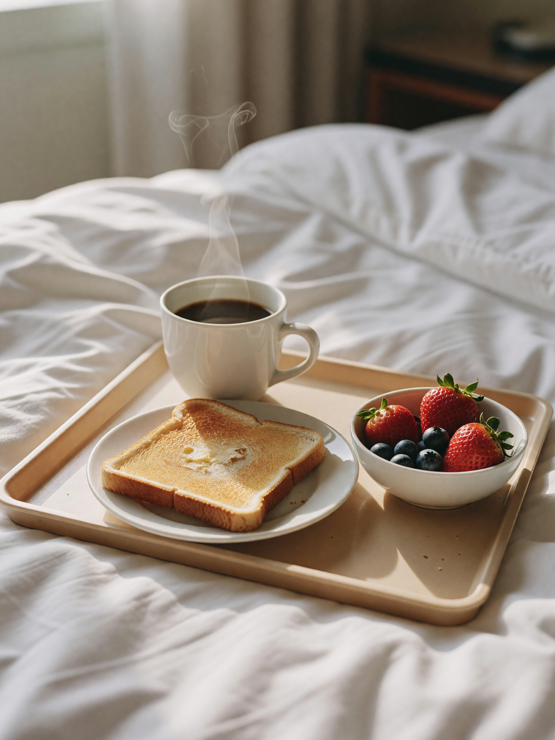 woke up to this room service tray right on the bed, toast and fruit and everything still warm. maybe