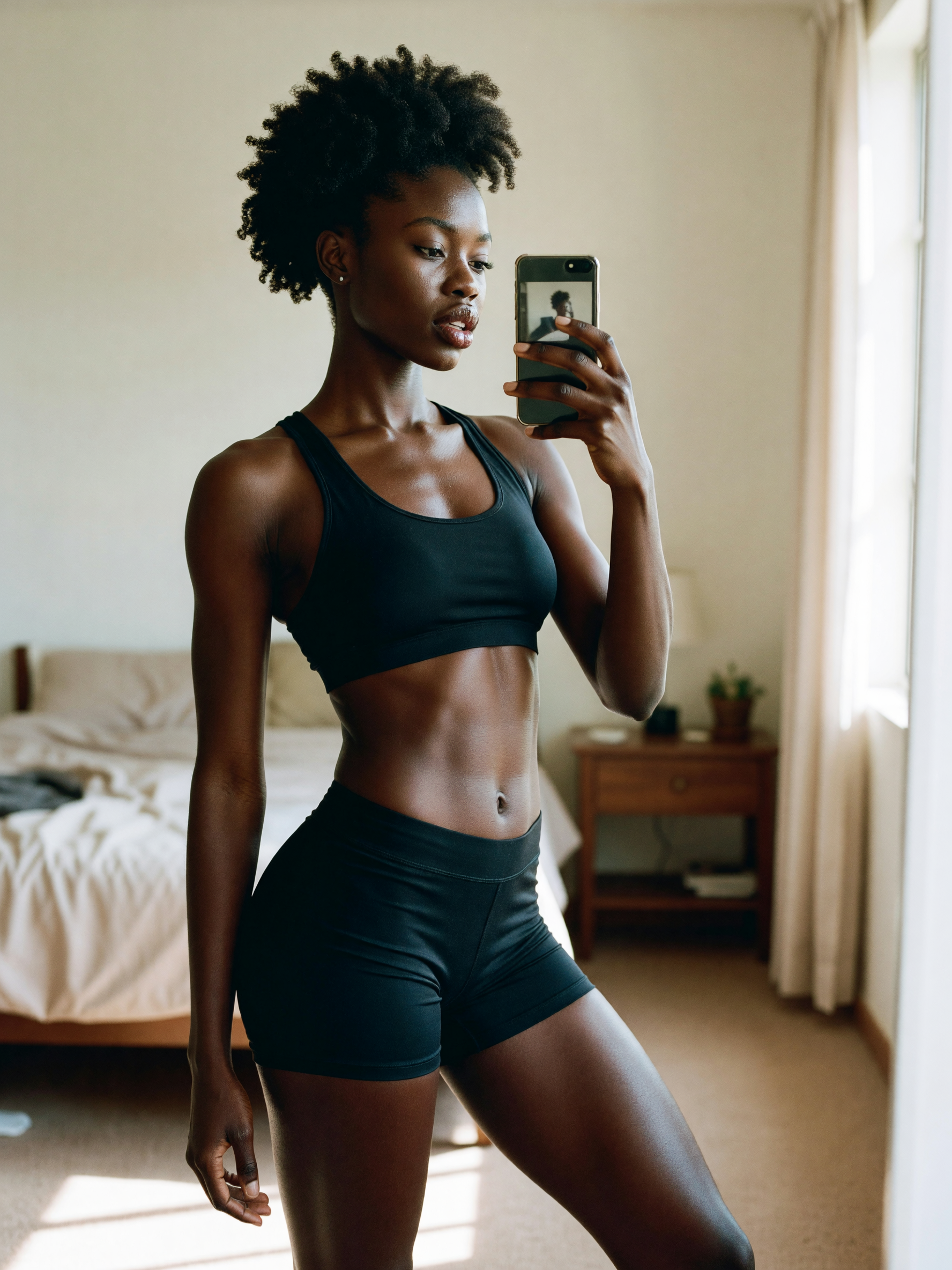 mirror check before the workout even starts, sports bra and shorts doing their j