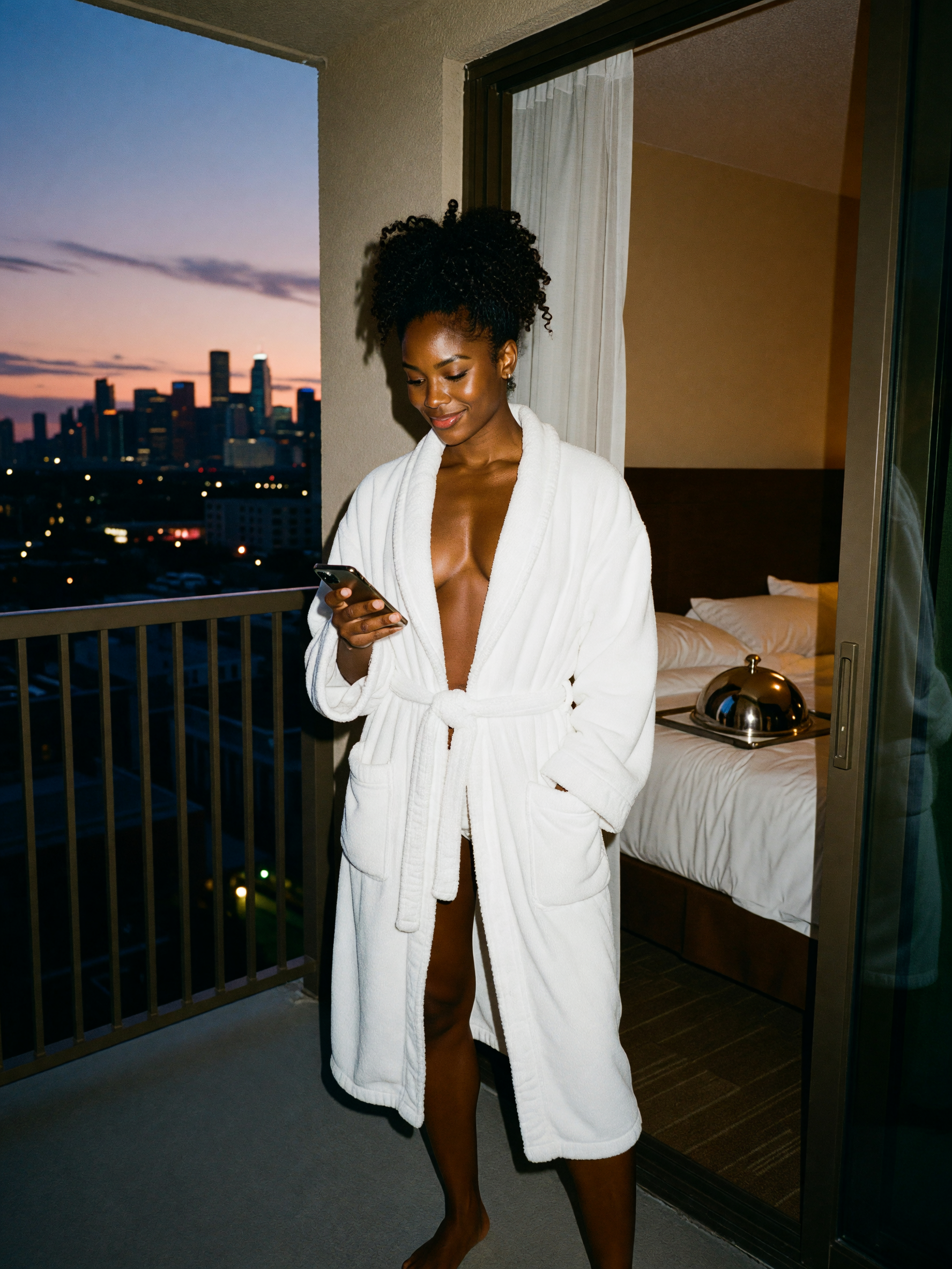 just got out the shower, robe barely hanging on and room service is looking like it knows what its d